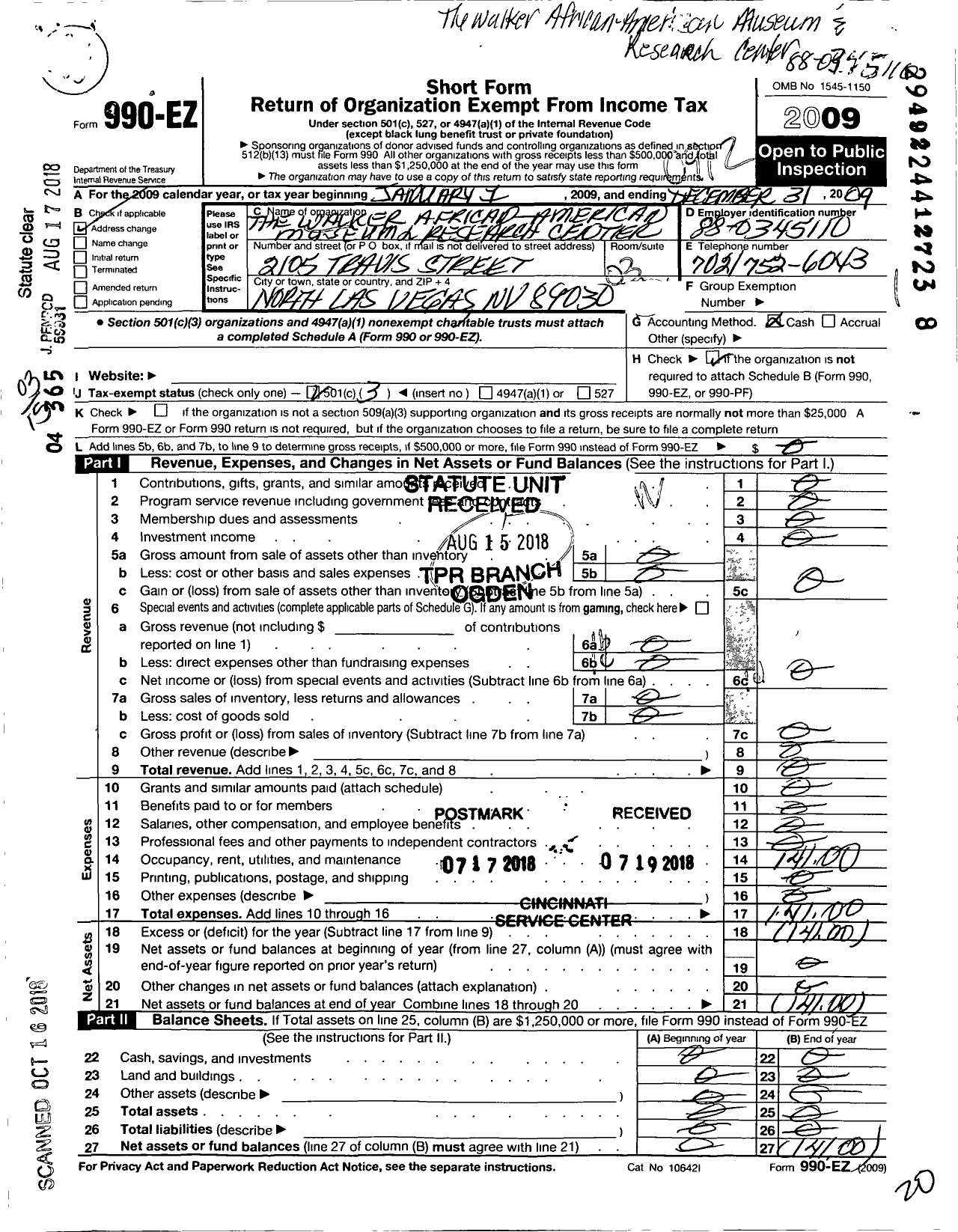 Image of first page of 2009 Form 990EZ for Walker African-American Museum and Research Center
