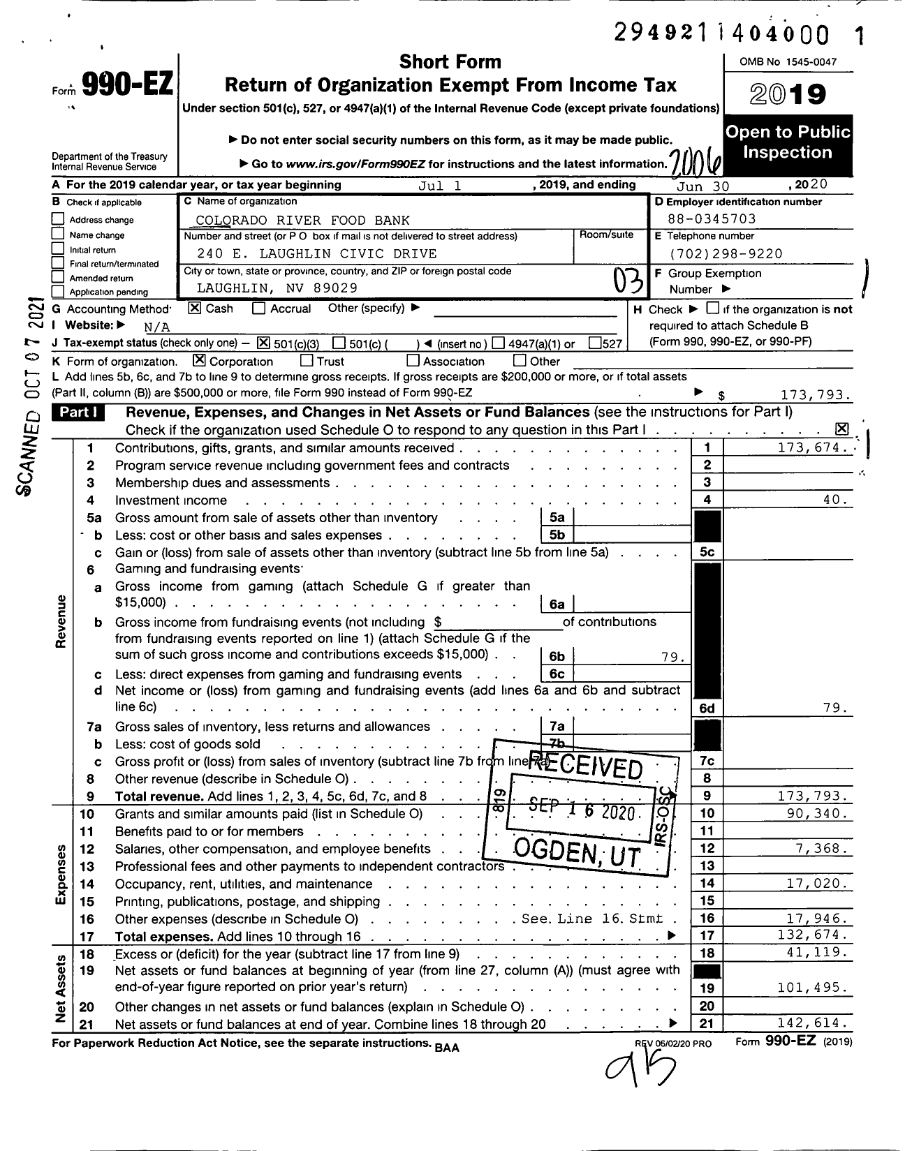 Image of first page of 2019 Form 990EZ for Colorado River Food Bank