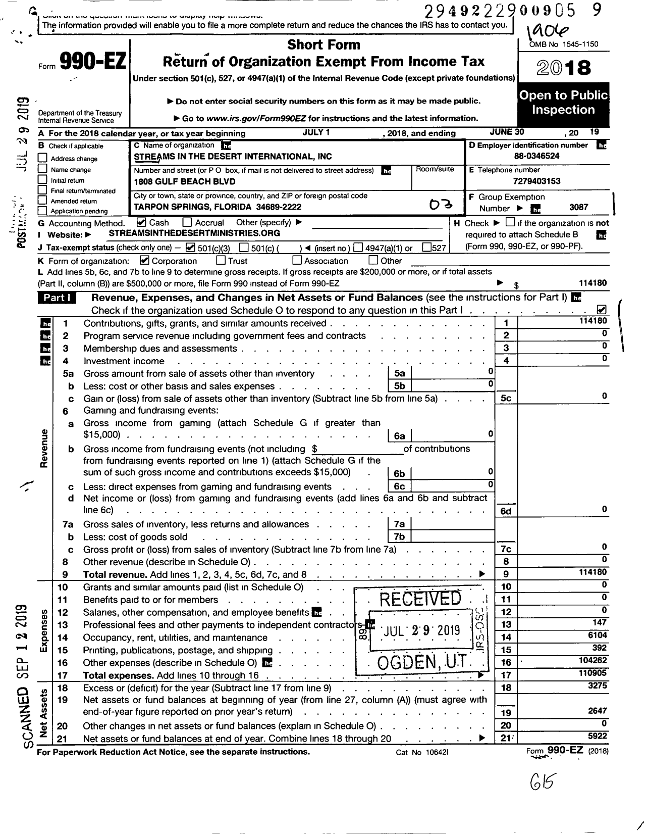 Image of first page of 2018 Form 990EZ for Streams in the Desert International (SIDI)