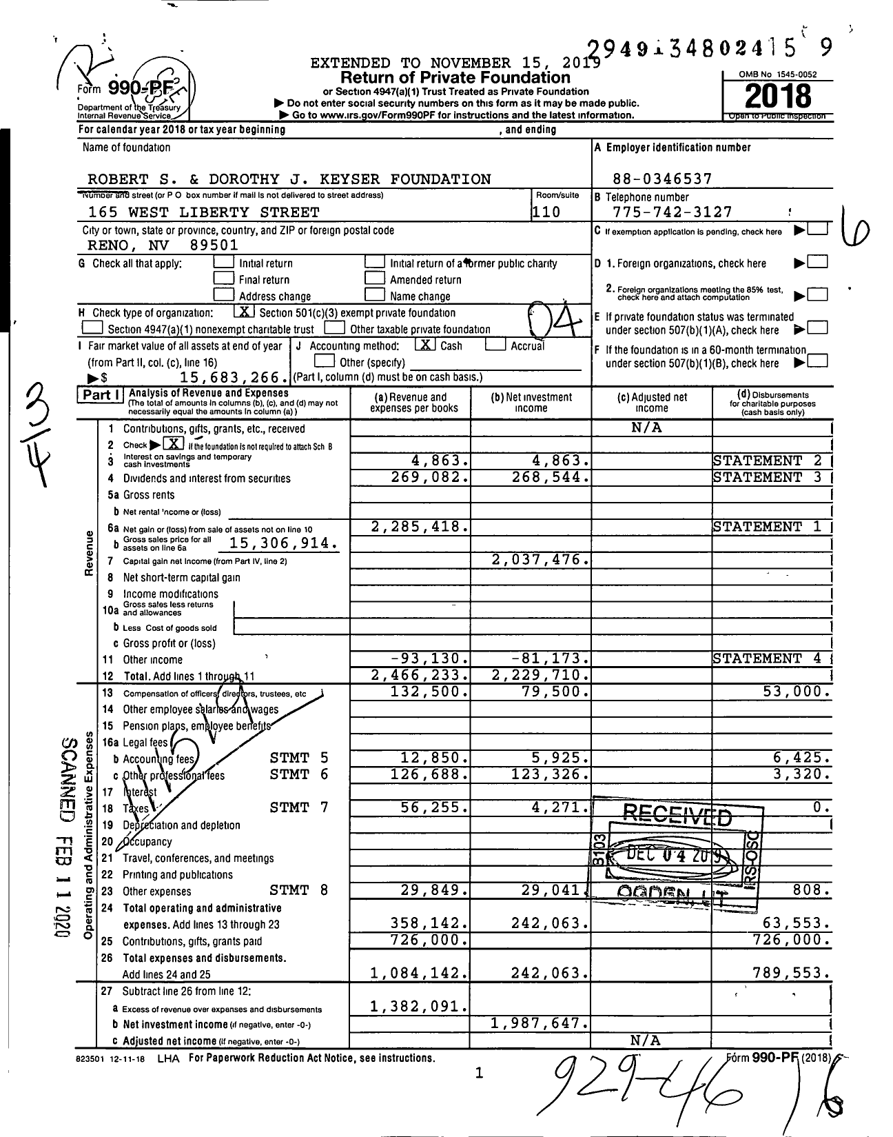 Image of first page of 2018 Form 990PF for Robert S & Dorothy J Keyser Foundation