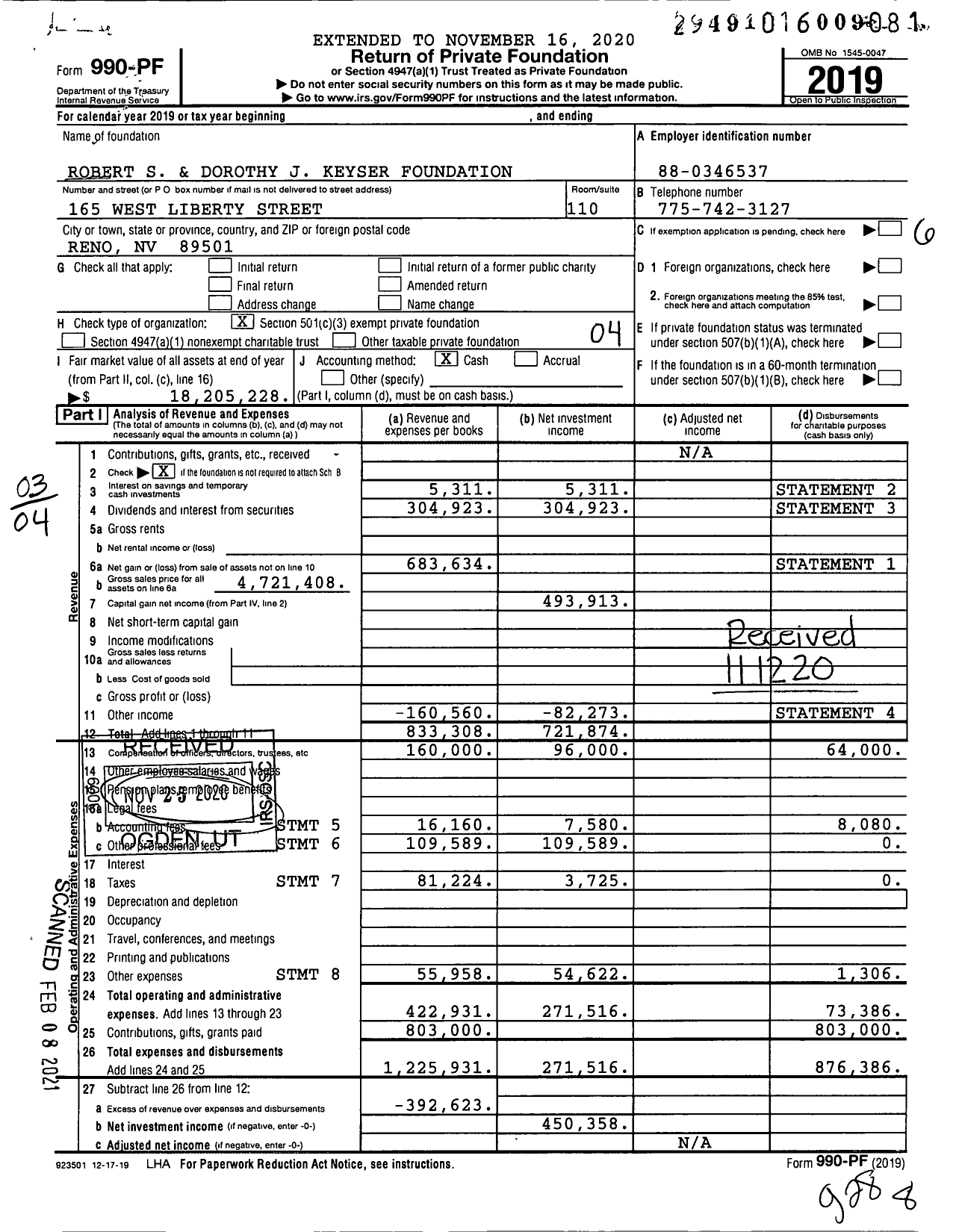 Image of first page of 2019 Form 990PF for Robert S & Dorothy J Keyser Foundation