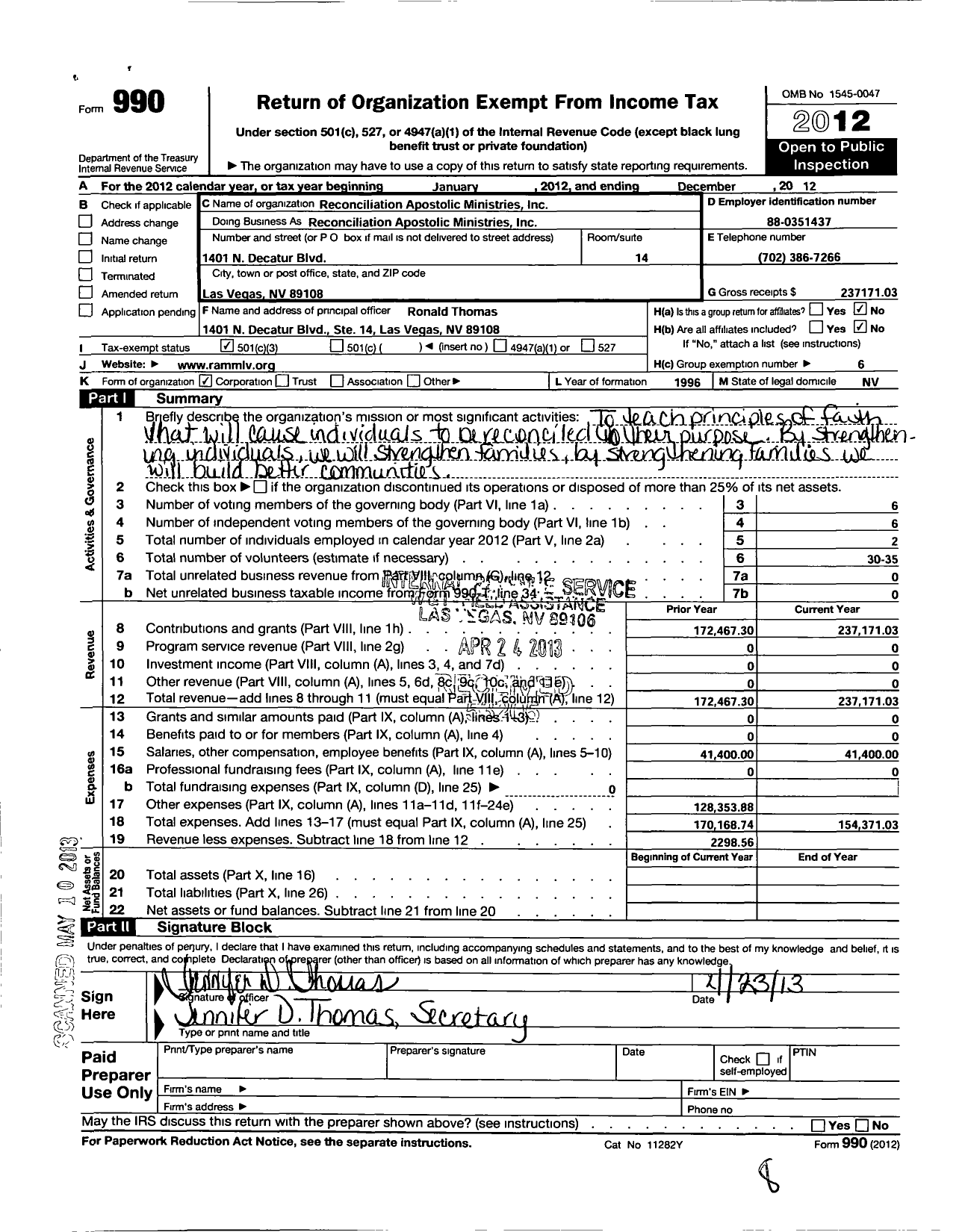 Image of first page of 2012 Form 990 for Reconciliation Apostolic Ministries