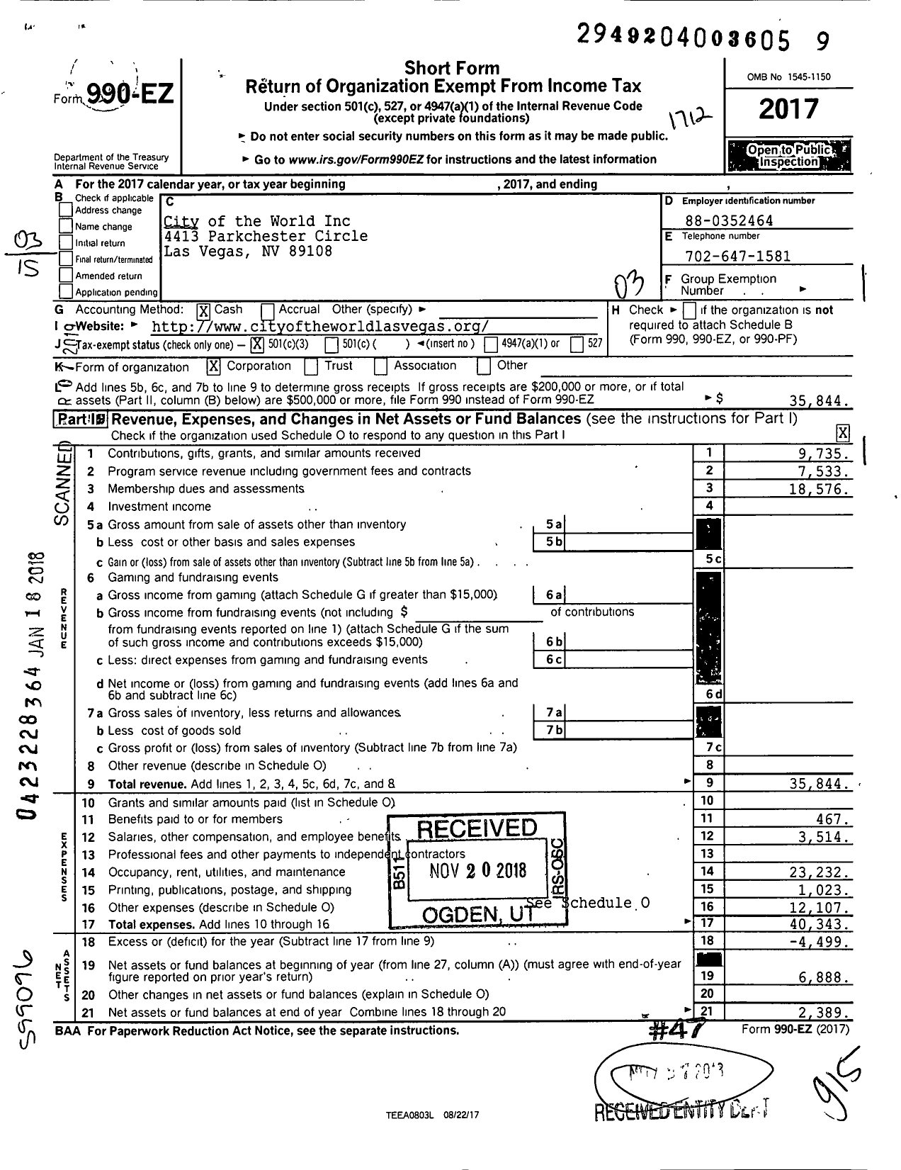 Image of first page of 2017 Form 990EZ for City of the World