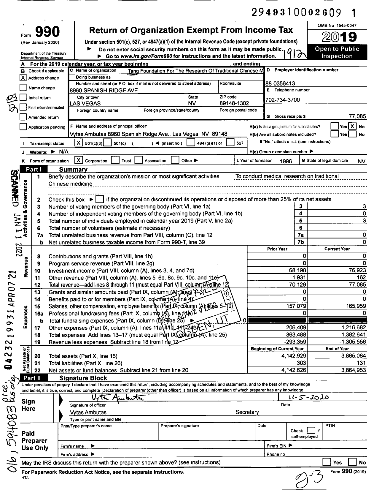 Image of first page of 2019 Form 990 for Tang Foundation for the Research of Traditional Chinese Medicine