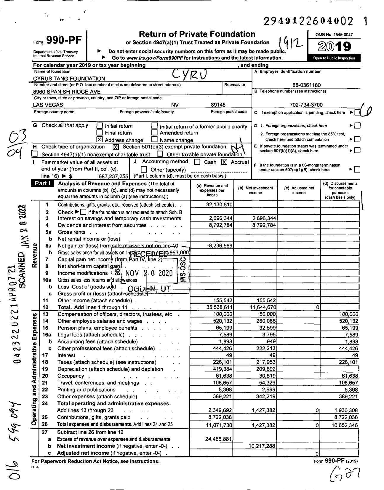 Image of first page of 2019 Form 990PF for Cyrus Tang Foundation