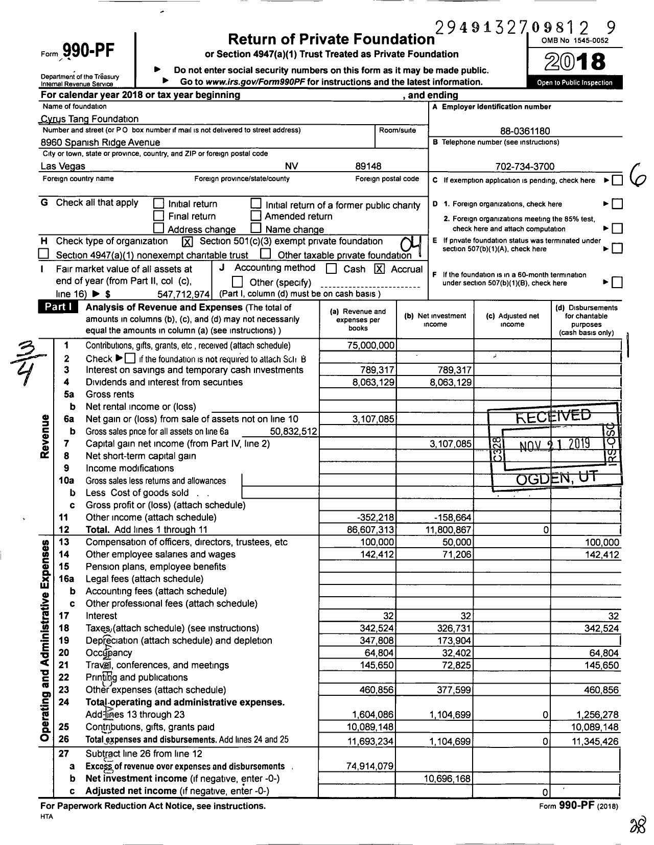 Image of first page of 2018 Form 990PF for Cyrus Tang Foundation