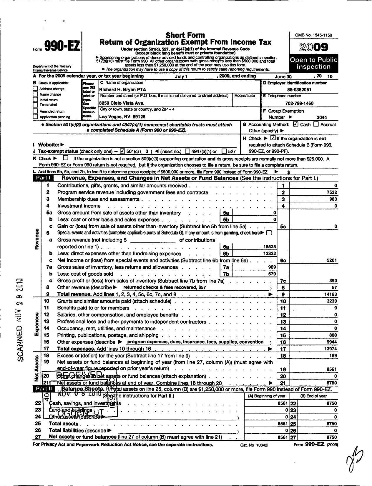 Image of first page of 2009 Form 990EZ for PTA Nevada Congress / Richard H Bryan PTA