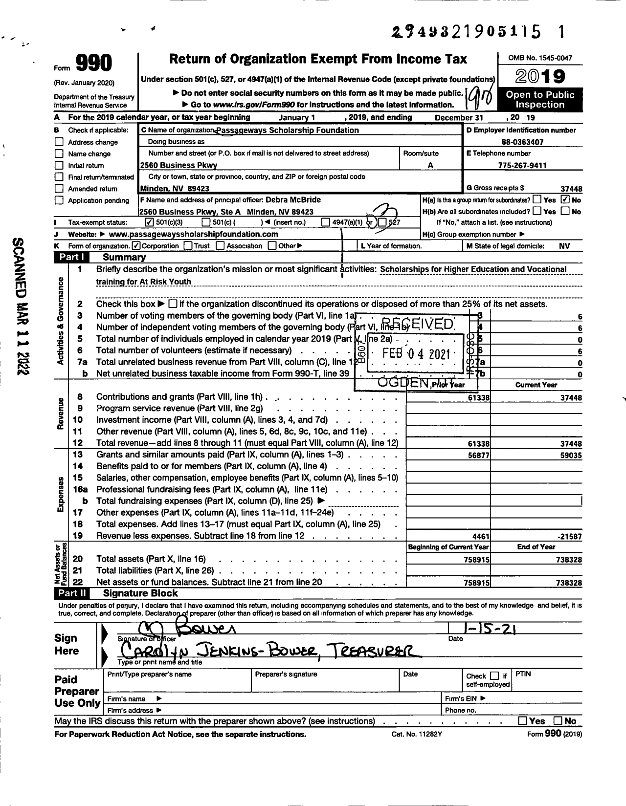 Image of first page of 2019 Form 990 for Passageway Scholarship Foundation