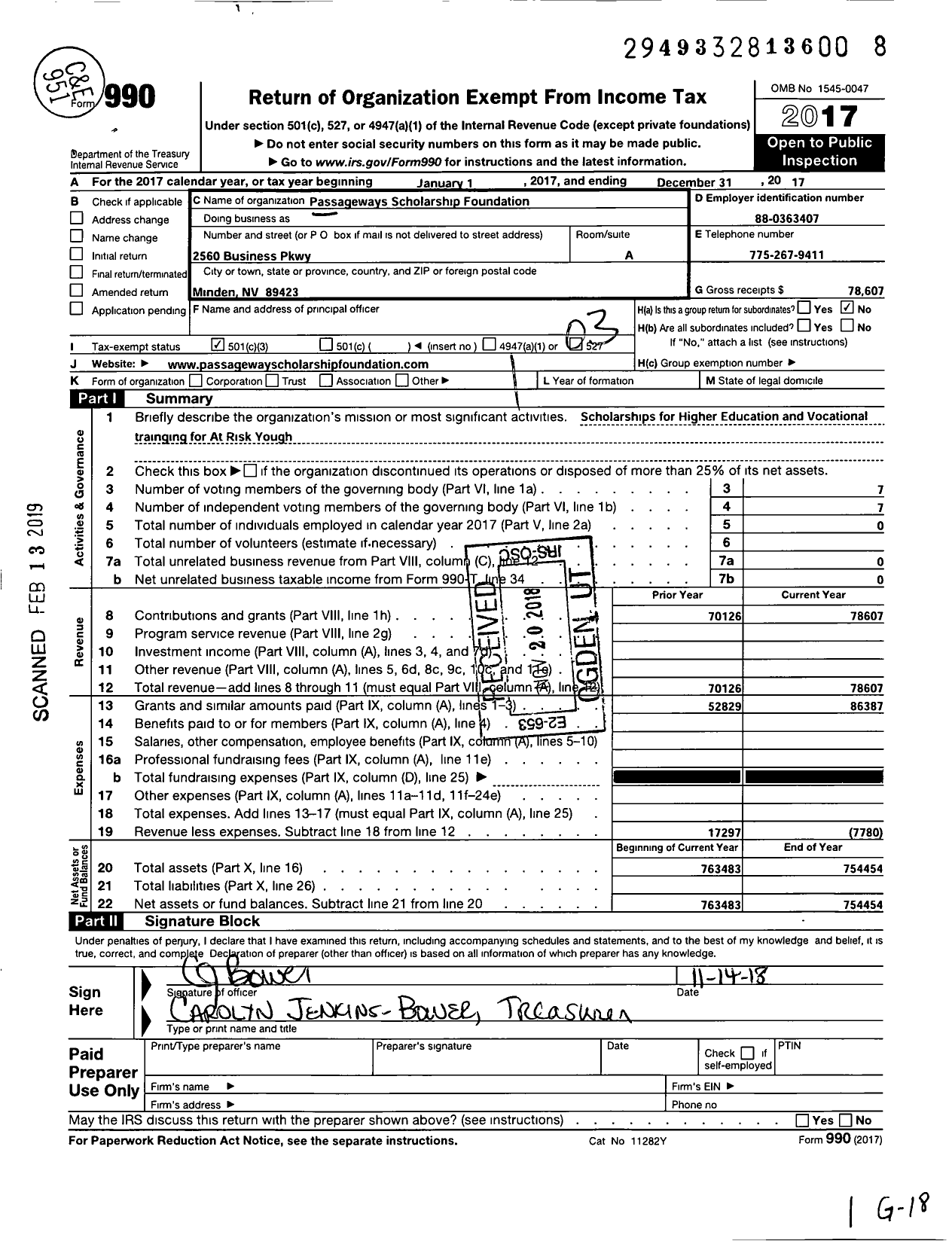 Image of first page of 2017 Form 990 for Passageway Scholarship Foundation