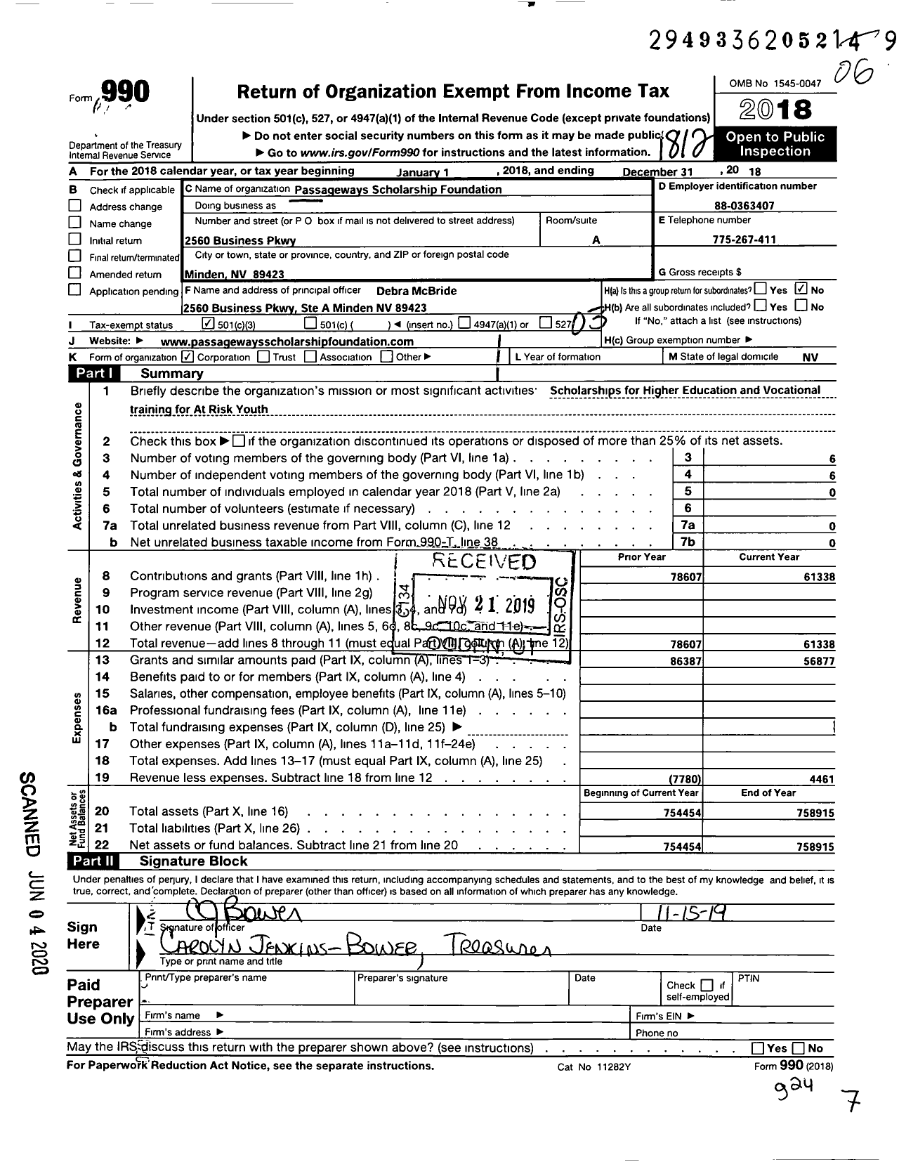 Image of first page of 2018 Form 990 for Passageway Scholarship Foundation