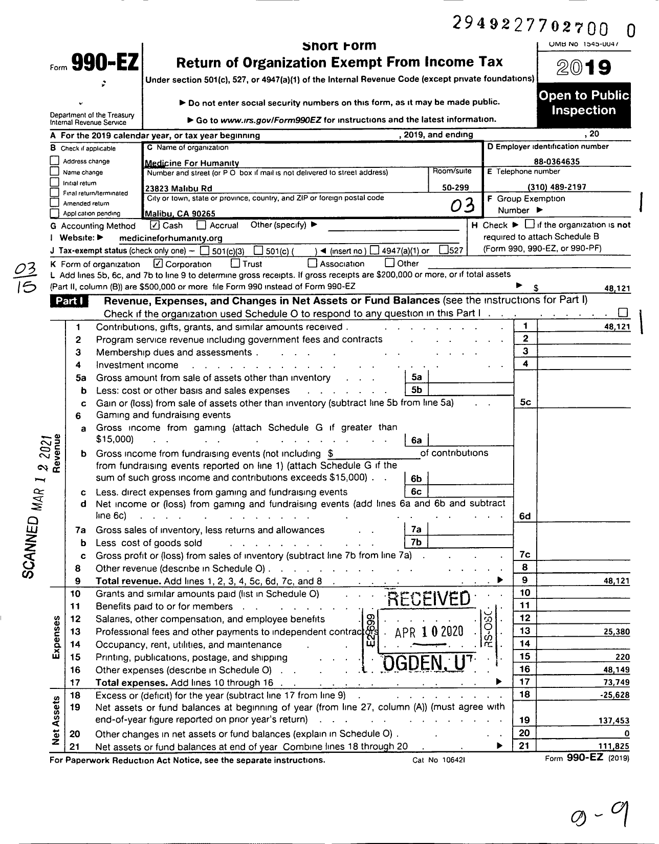 Image of first page of 2019 Form 990EZ for Medicine for Humanity