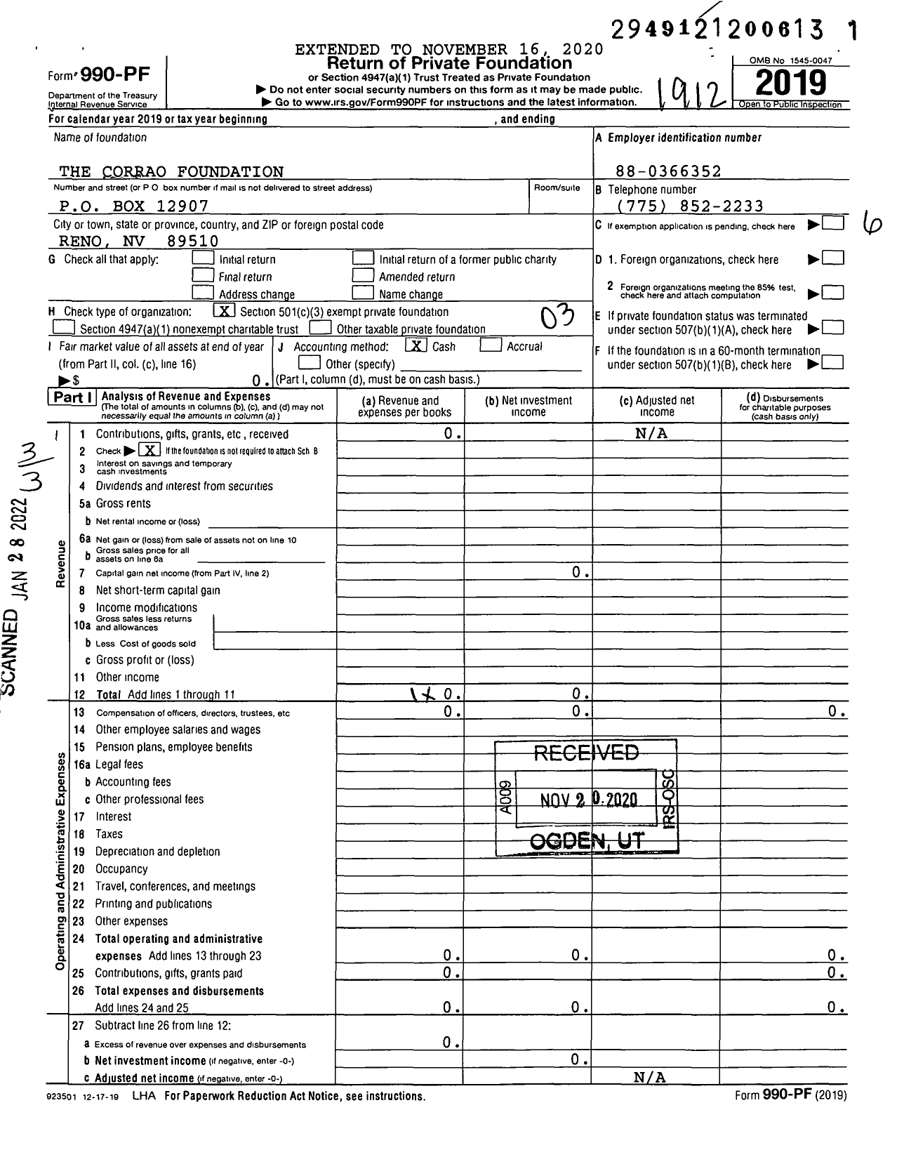 Image of first page of 2019 Form 990PF for The Corrao Foundation