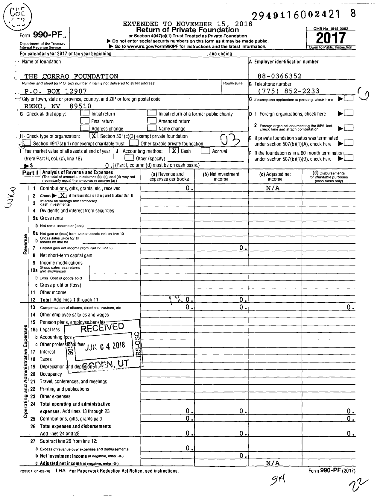 Image of first page of 2017 Form 990PF for The Corrao Foundation