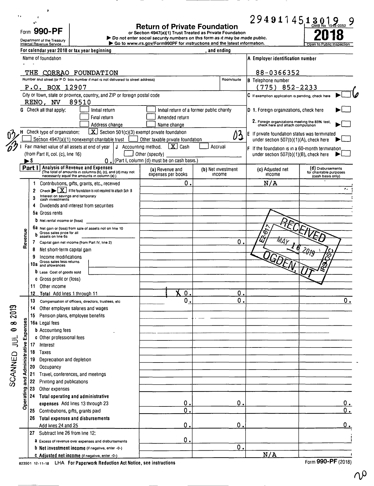 Image of first page of 2018 Form 990PF for The Corrao Foundation