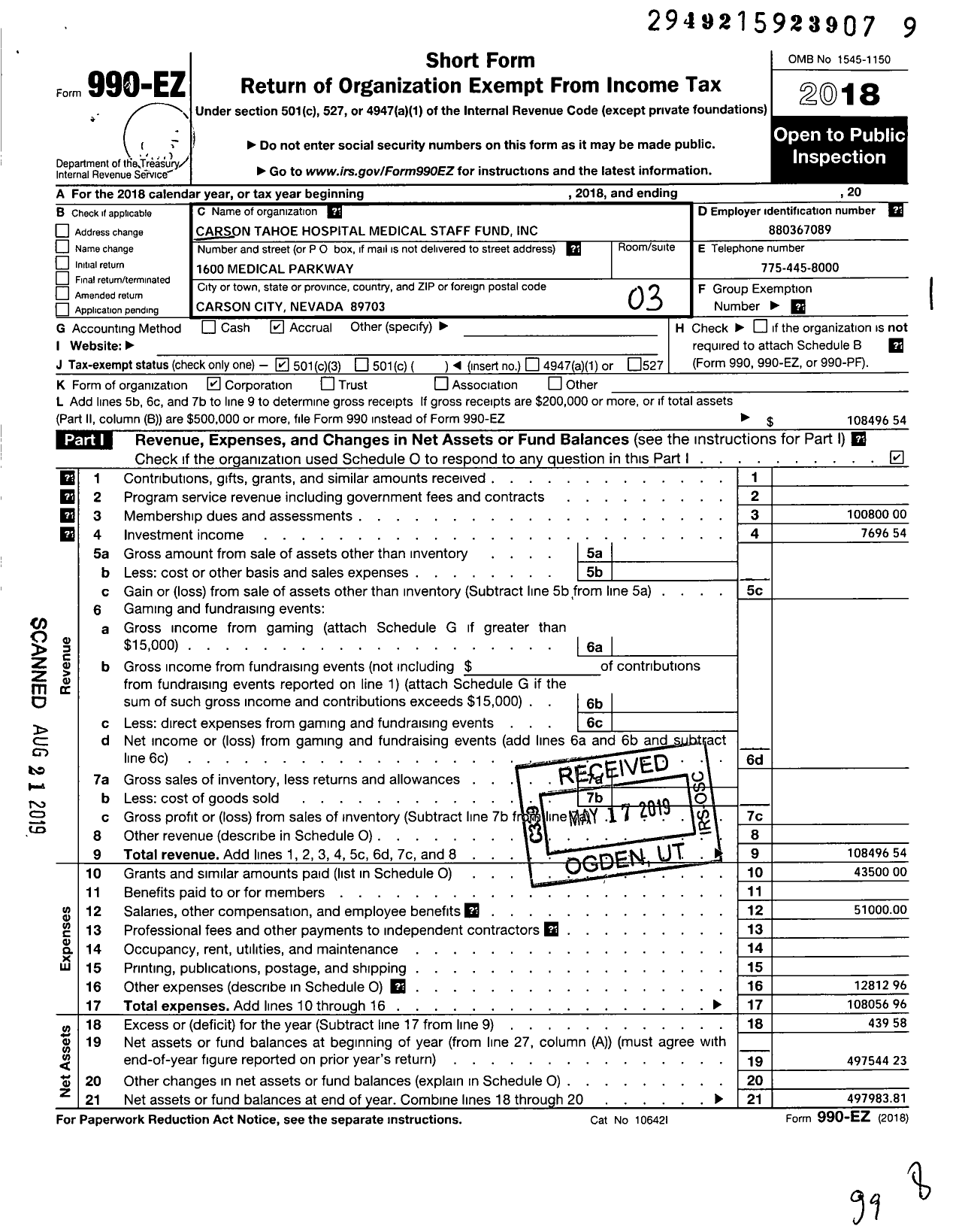 Image of first page of 2018 Form 990EZ for Carson Tahoe Hospital Medical Staff Fund