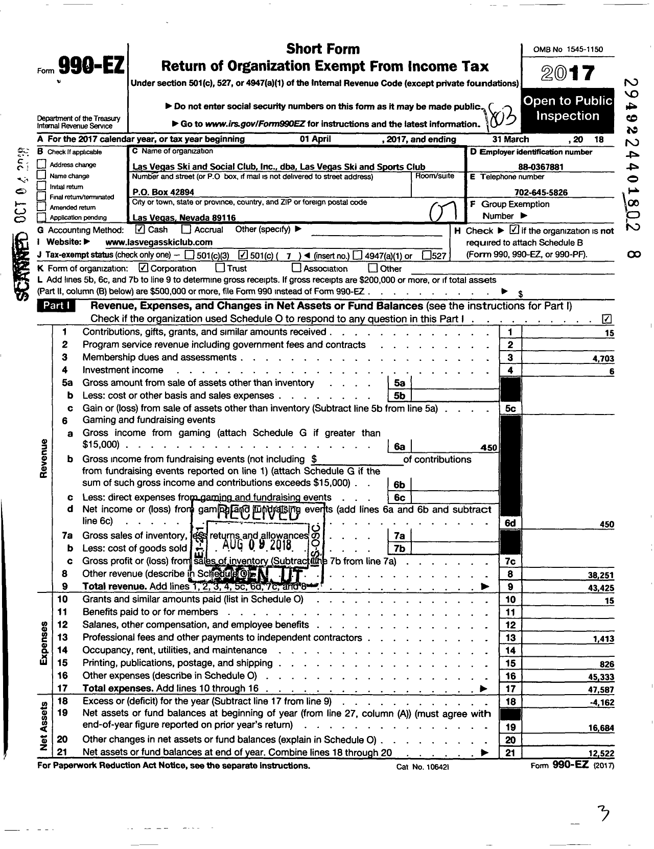 Image of first page of 2017 Form 990EO for Las Vegas Ski and Social Club