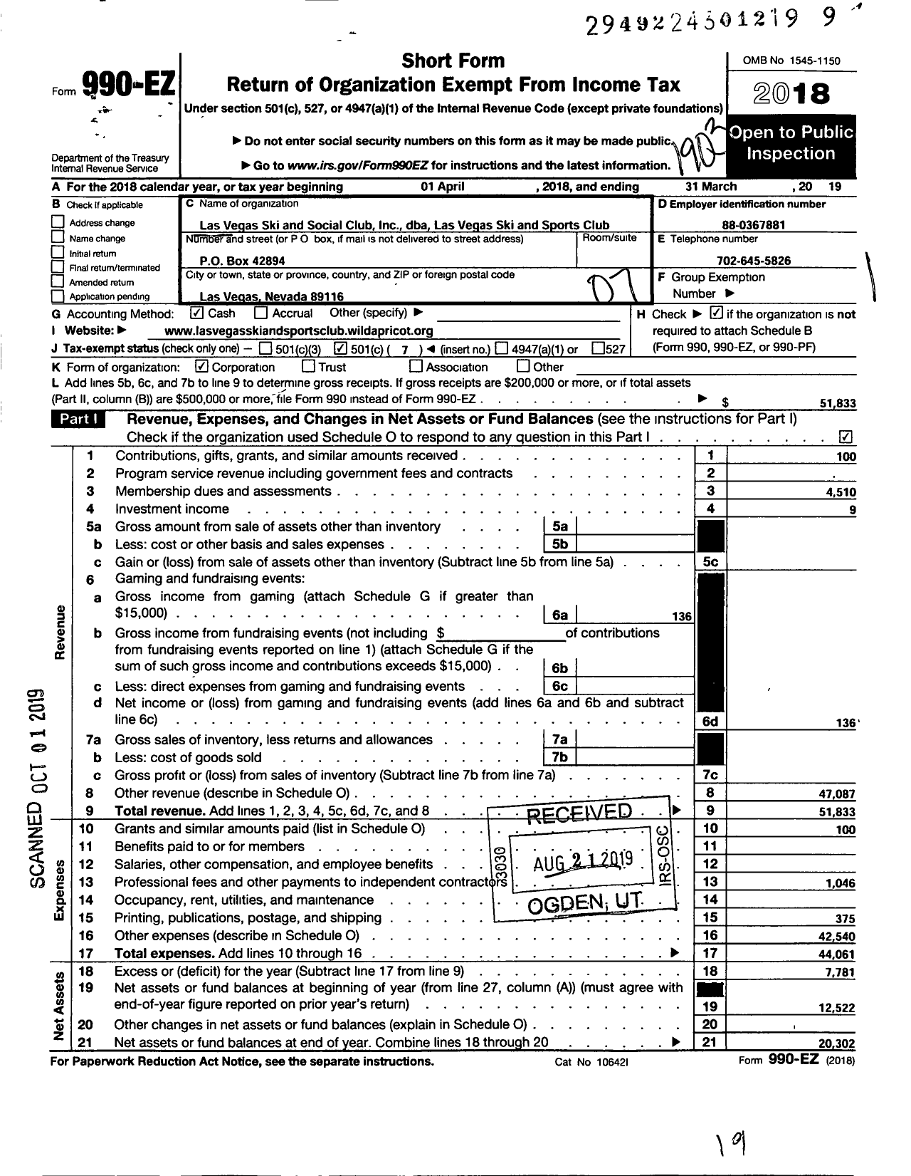 Image of first page of 2018 Form 990EO for Las Vegas Ski and Social Club