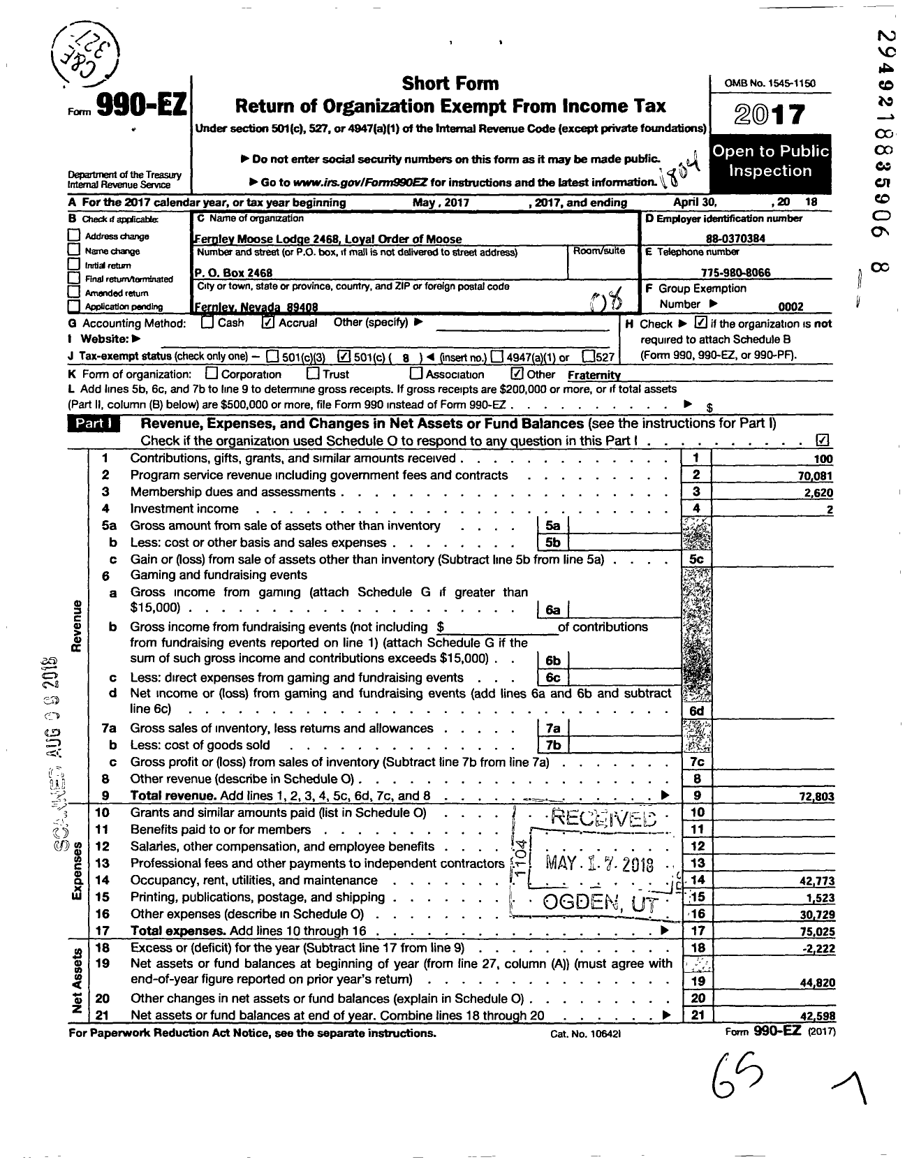 Image of first page of 2017 Form 990EO for Loyal Order of Moose - 2468