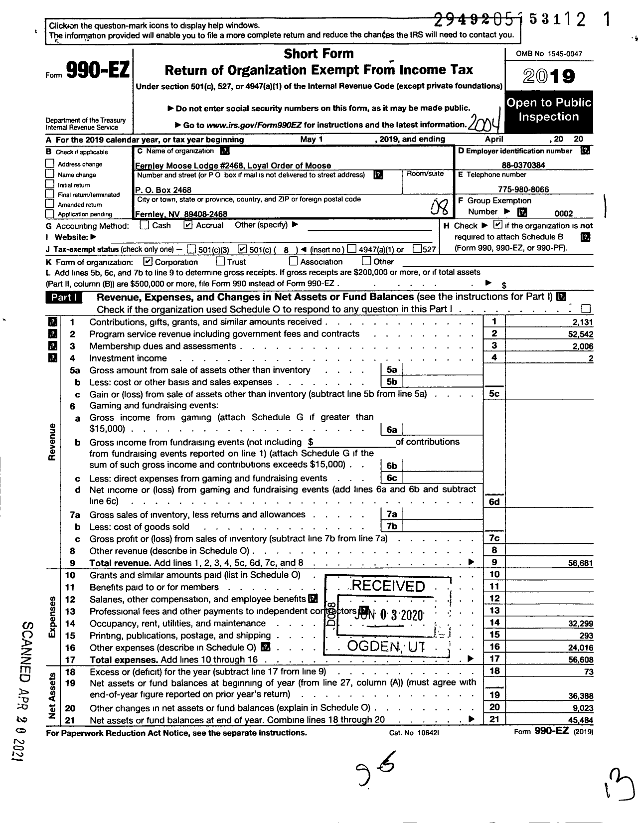 Image of first page of 2019 Form 990EO for Loyal Order of Moose - 2468