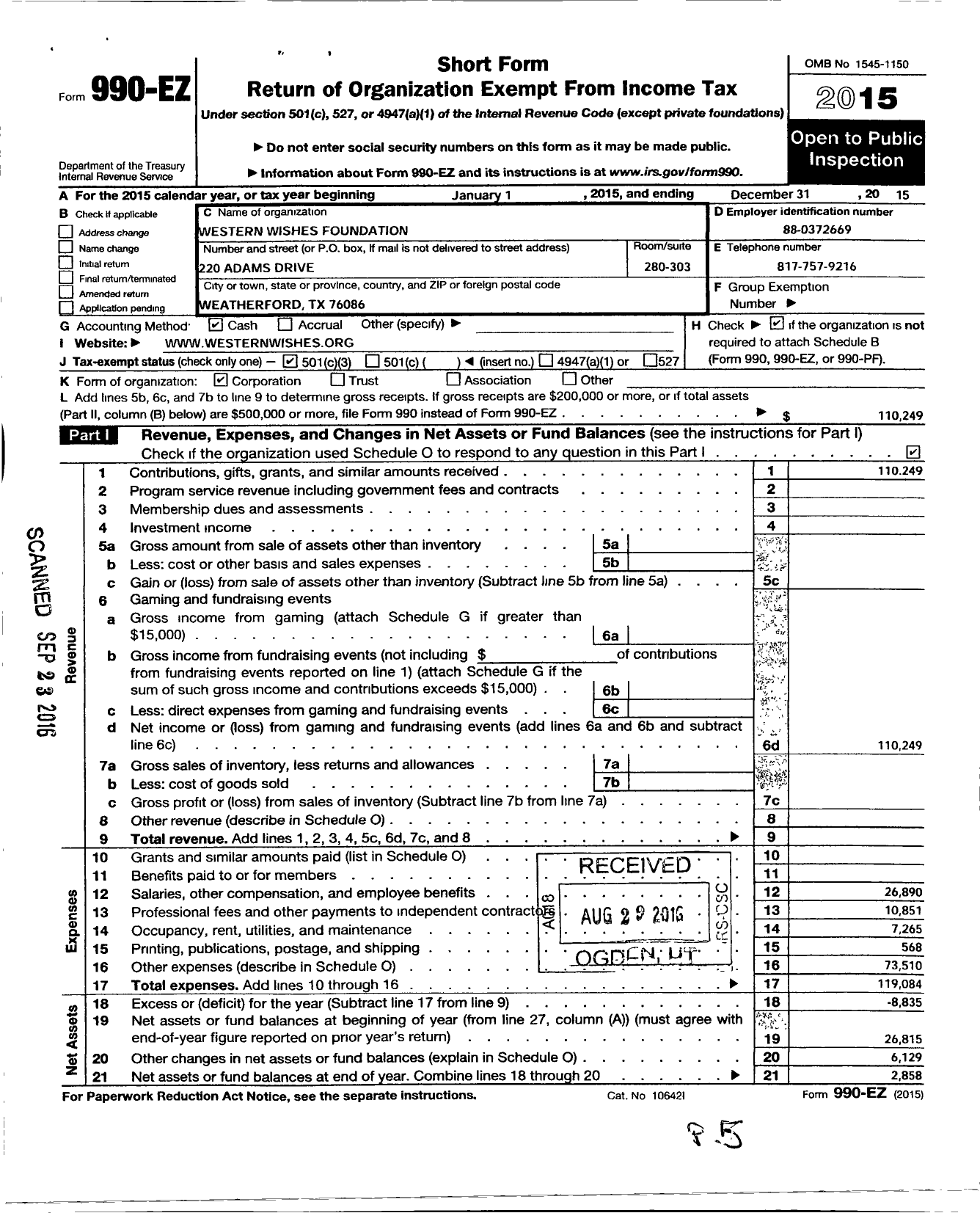 Image of first page of 2015 Form 990EZ for Western Wishes Foundation