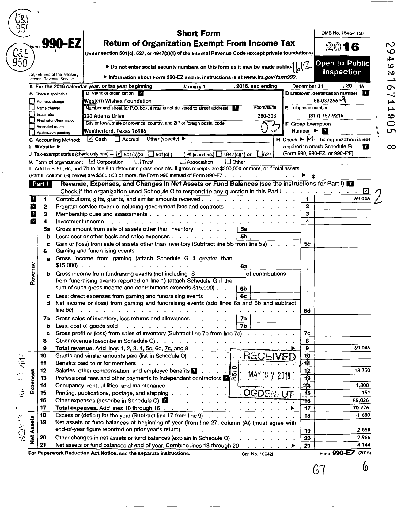 Image of first page of 2016 Form 990EZ for Western Wishes Foundation