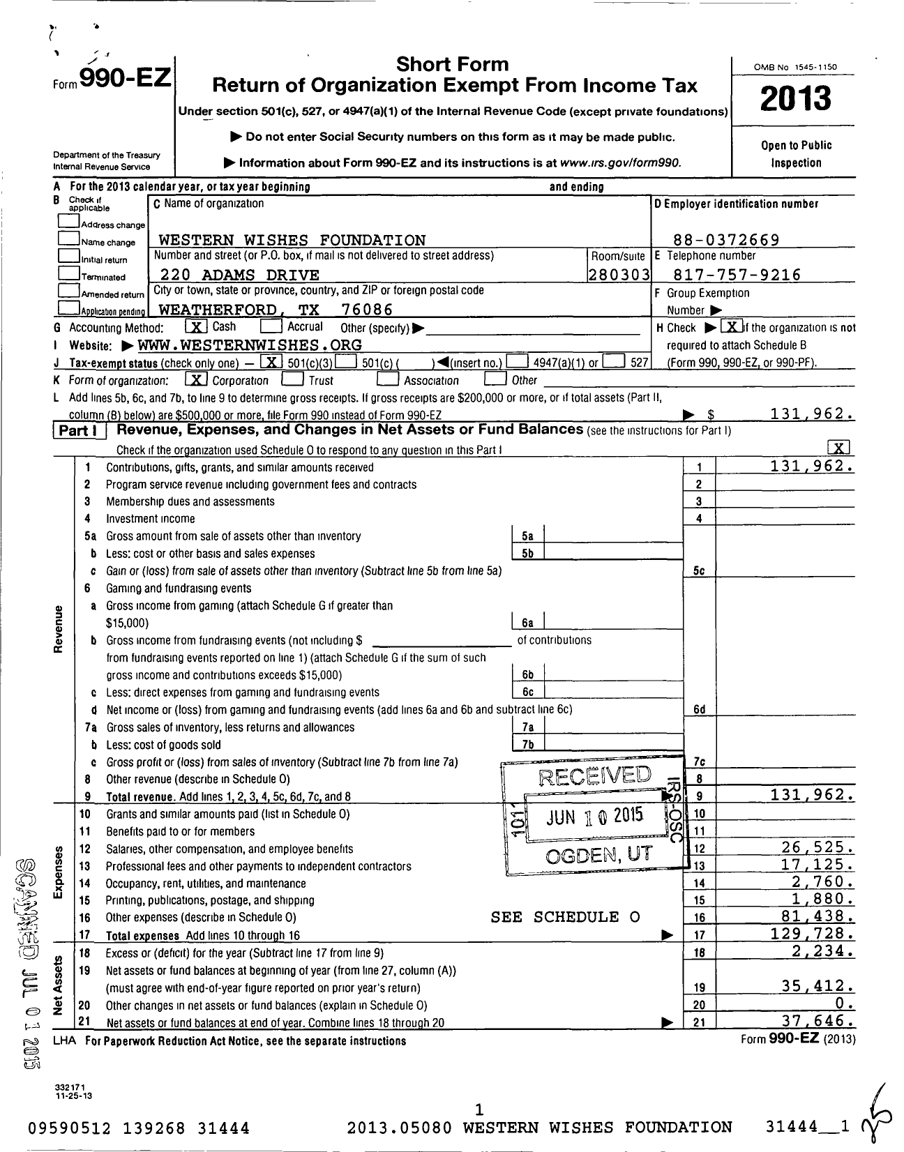 Image of first page of 2013 Form 990EZ for Western Wishes Foundation