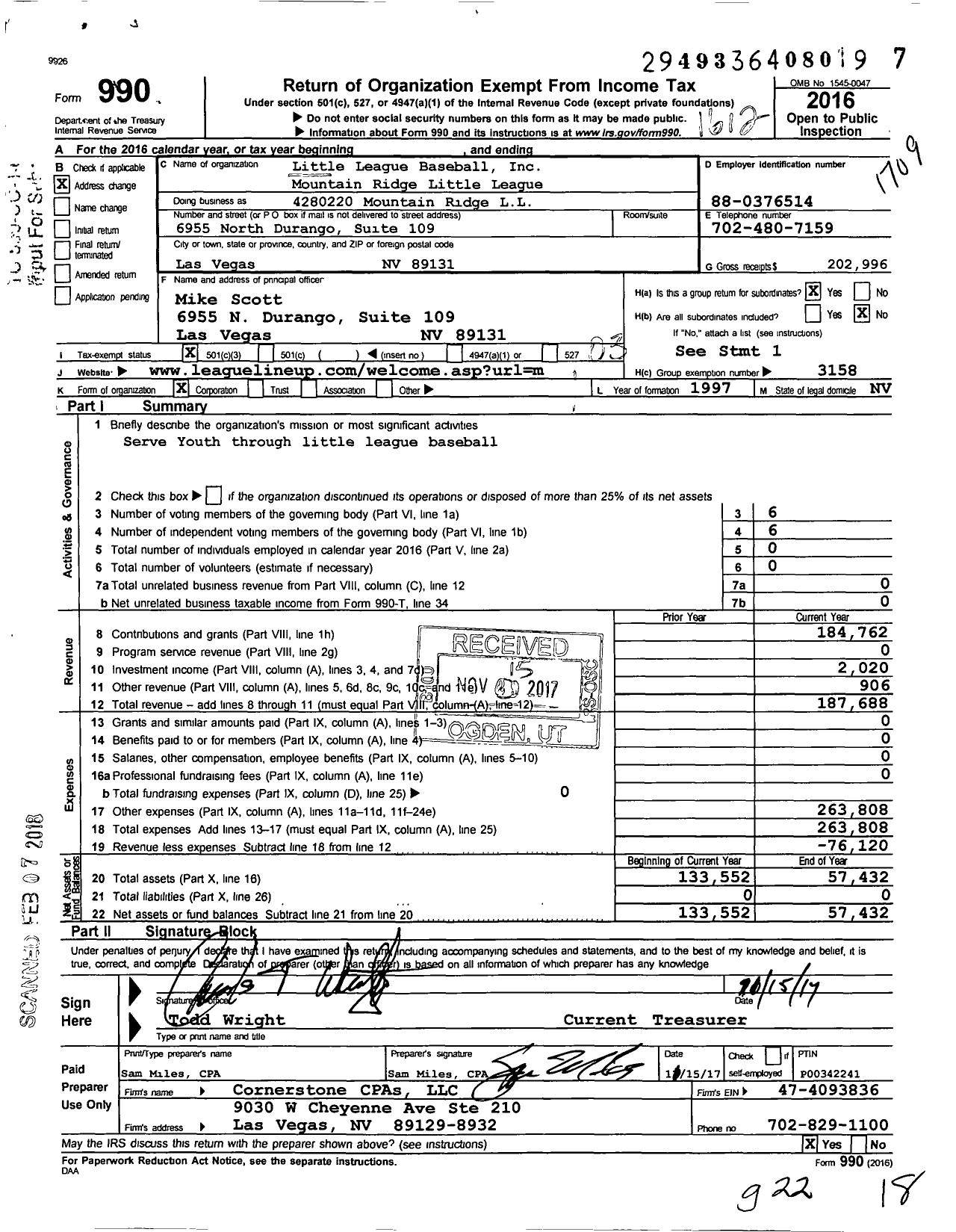 Image of first page of 2016 Form 990 for Little League Baseball Mountain Ridge Little League