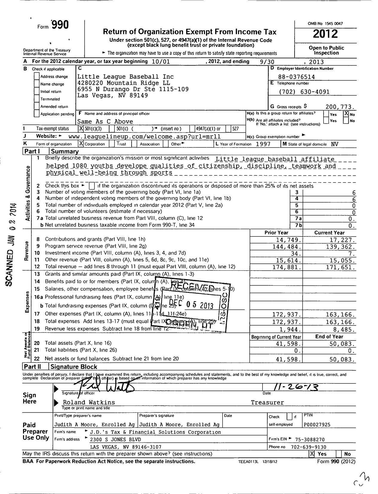 Image of first page of 2012 Form 990 for Little League Baseball Mountain Ridge Little League