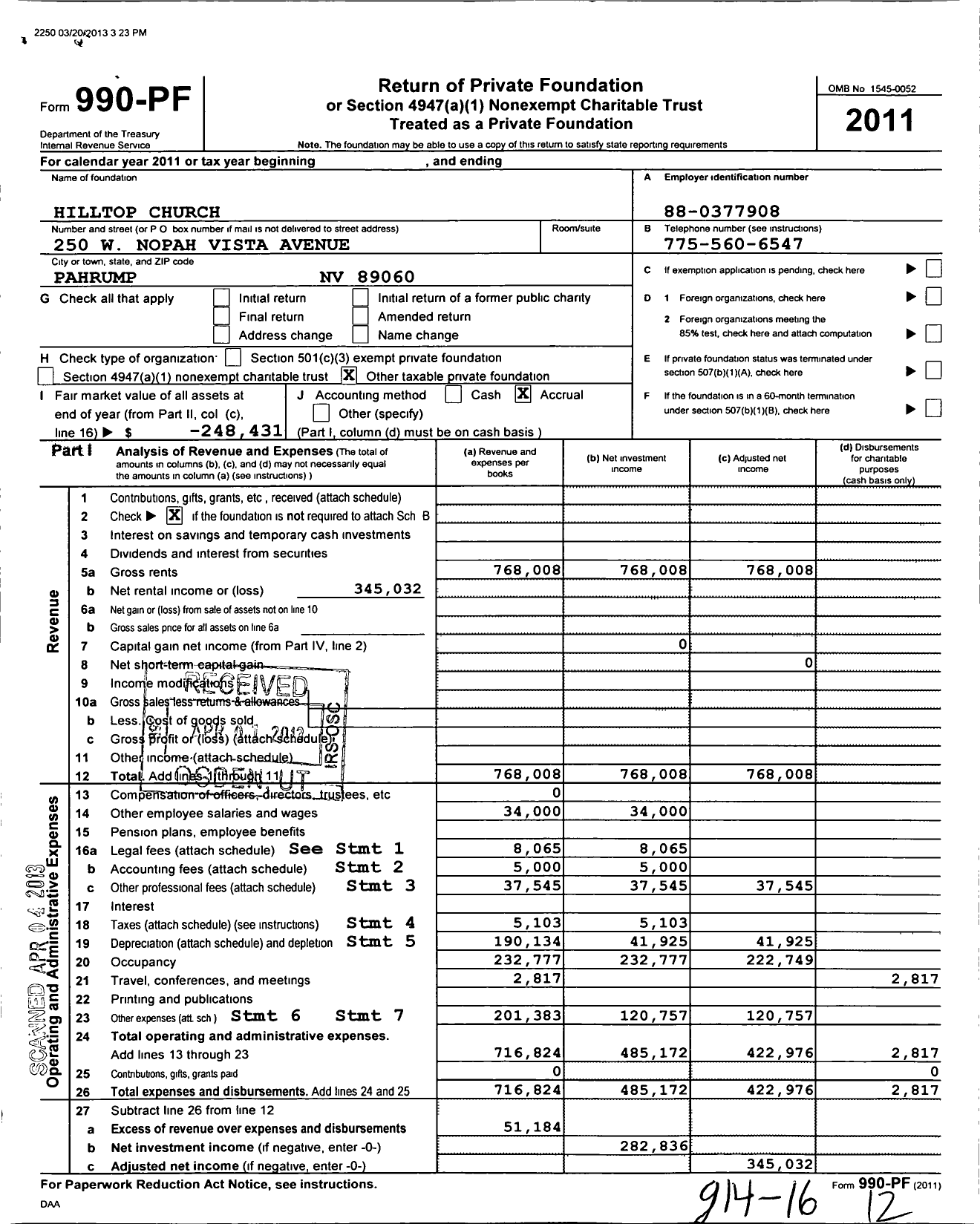 Image of first page of 2011 Form 990PF for Hilltop Foundation