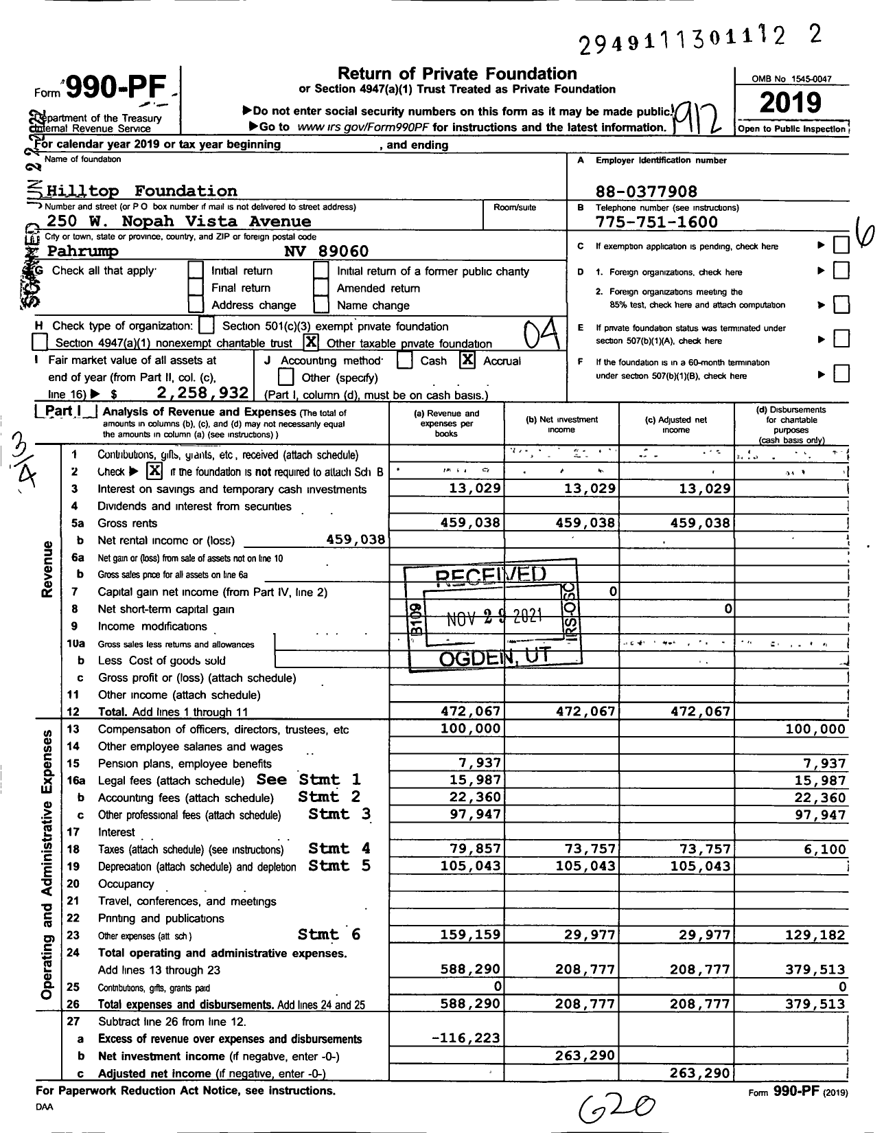 Image of first page of 2019 Form 990PF for Hilltop Foundation