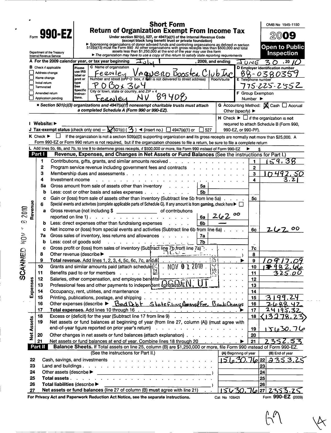 Image of first page of 2009 Form 990EZ for Fernley Vaqueros Booster Club