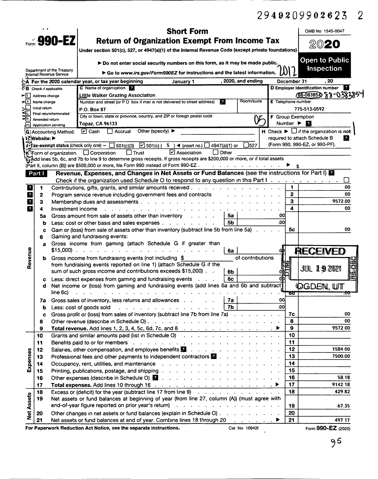 Image of first page of 2020 Form 990EO for Little Walker Grazing Association