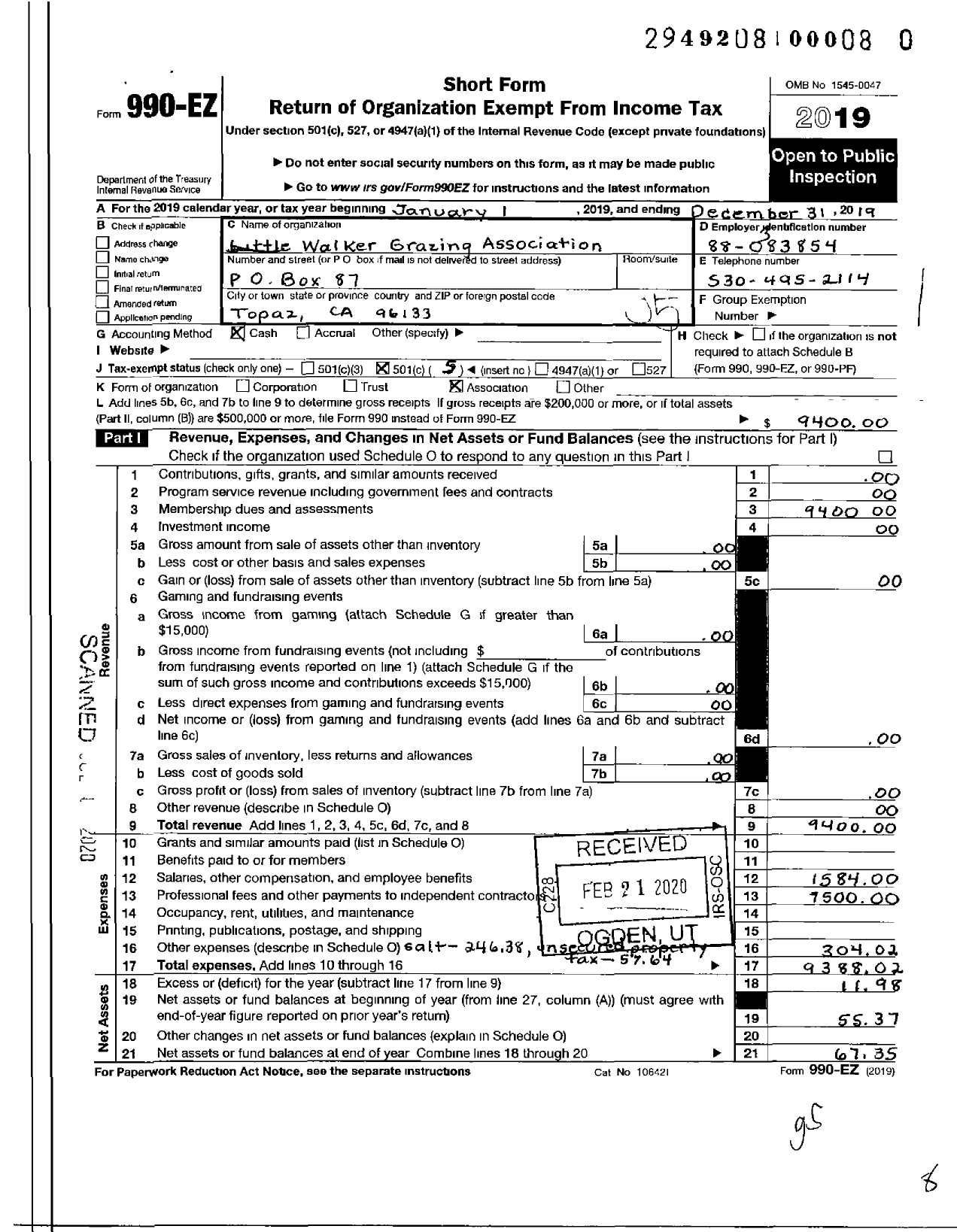 Image of first page of 2019 Form 990EO for Little Walker Grazing Association