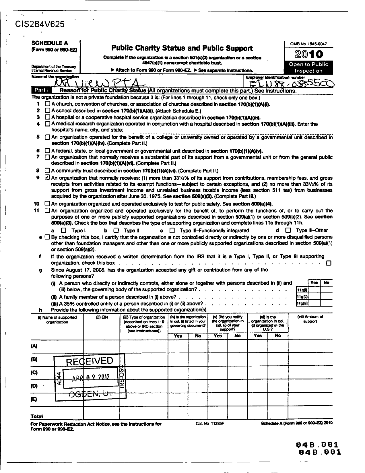 Image of first page of 2010 Form 990ER for PTA Nevada Congress / Mountain View Elementary