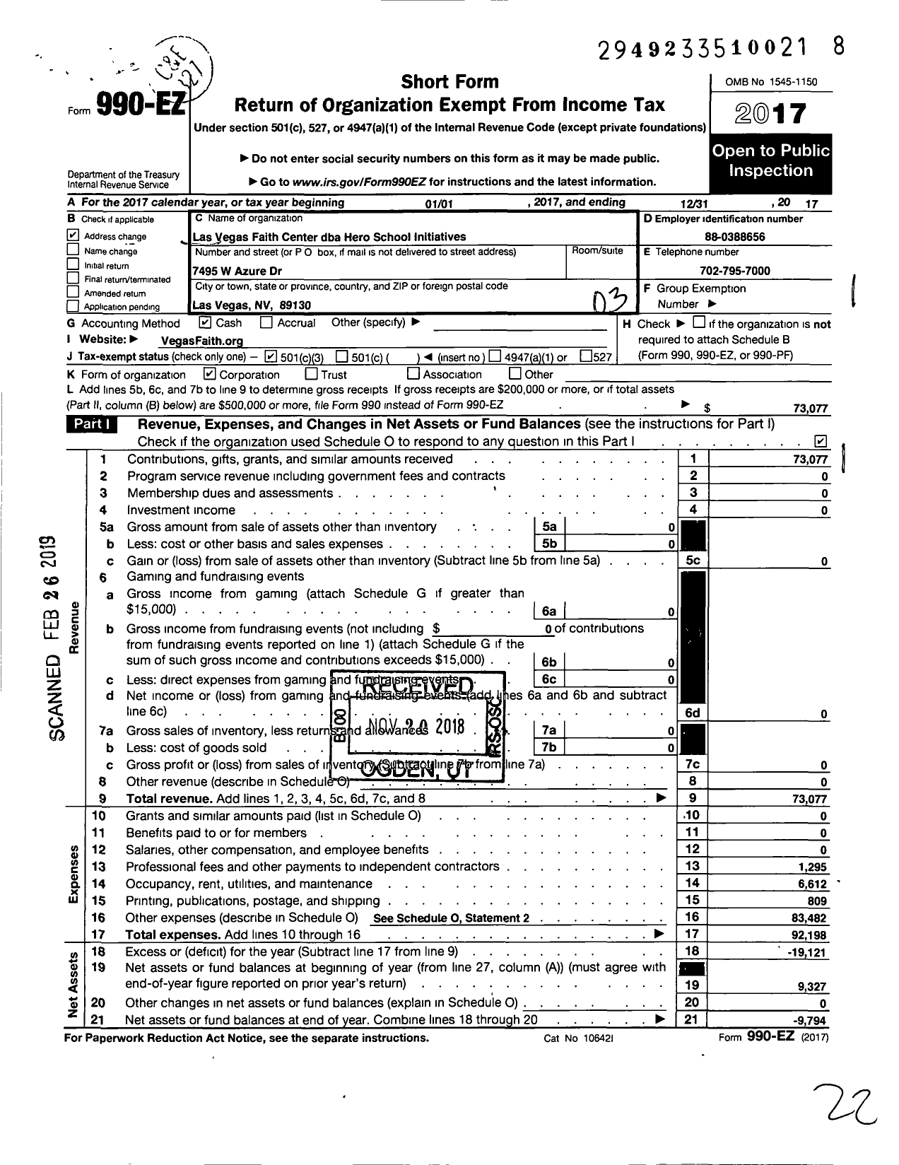 Image of first page of 2017 Form 990EZ for Hero School Initiatives