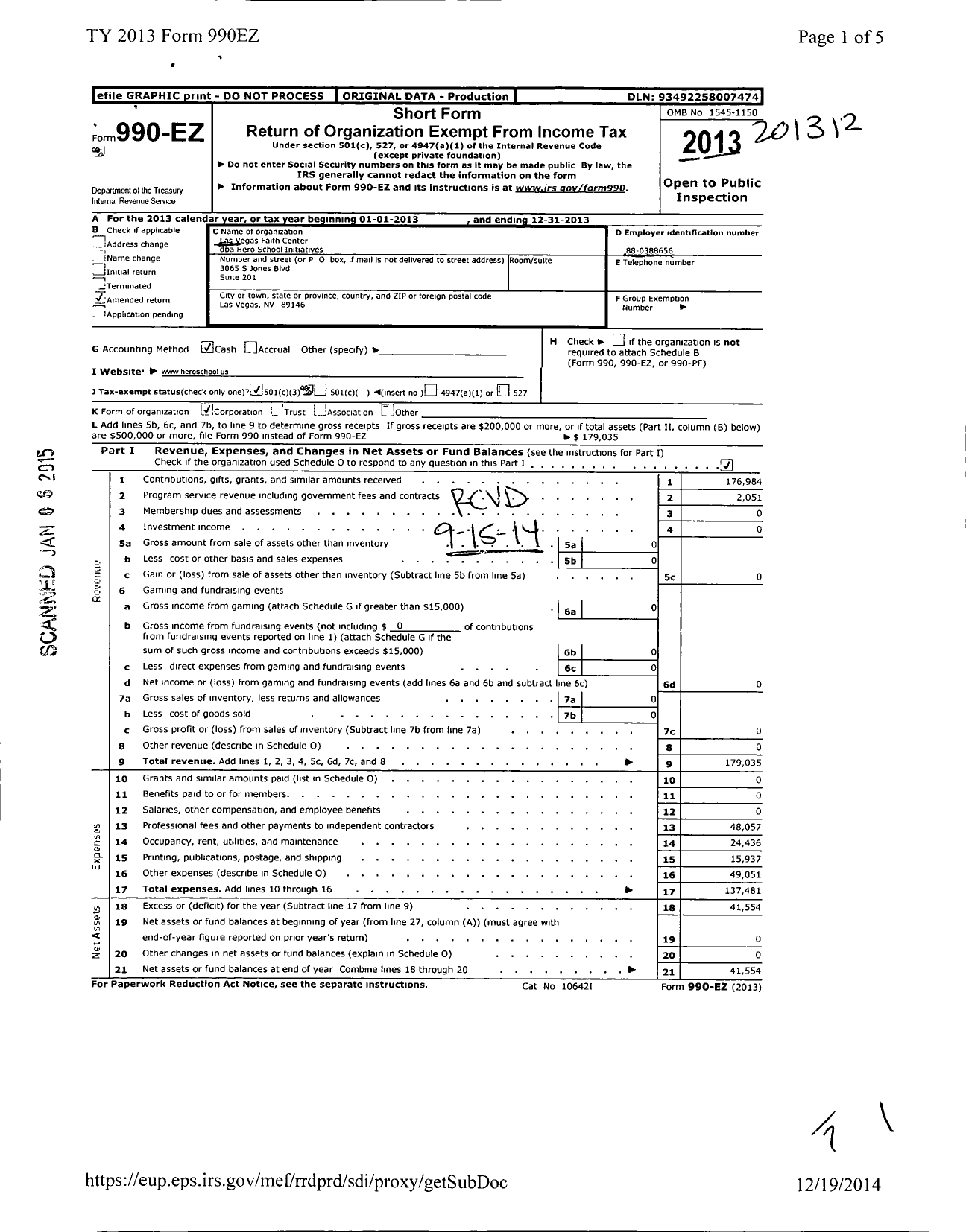Image of first page of 2013 Form 990EZ for Hero School Initiatives