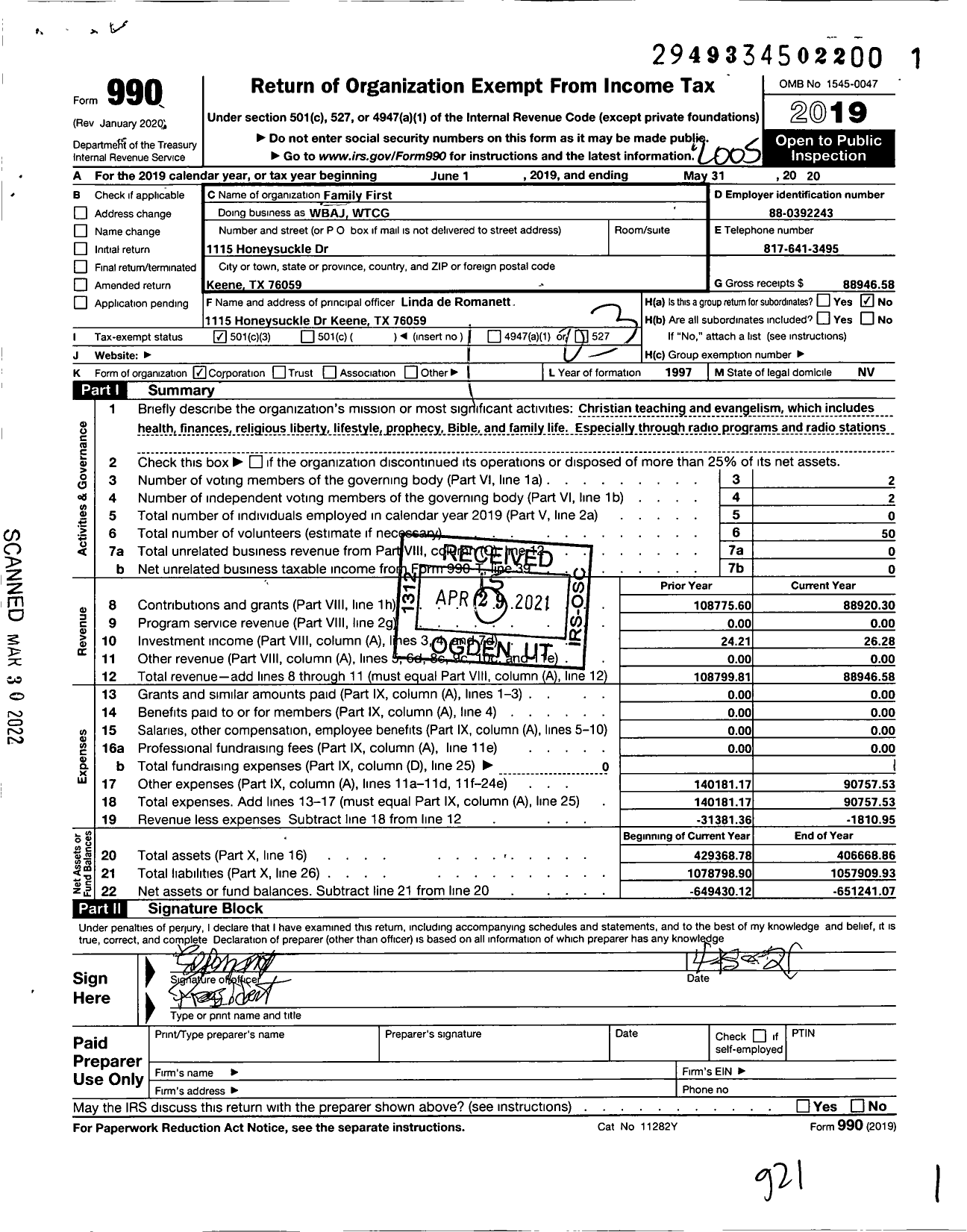 Image of first page of 2019 Form 990 for Wbaj WTCG