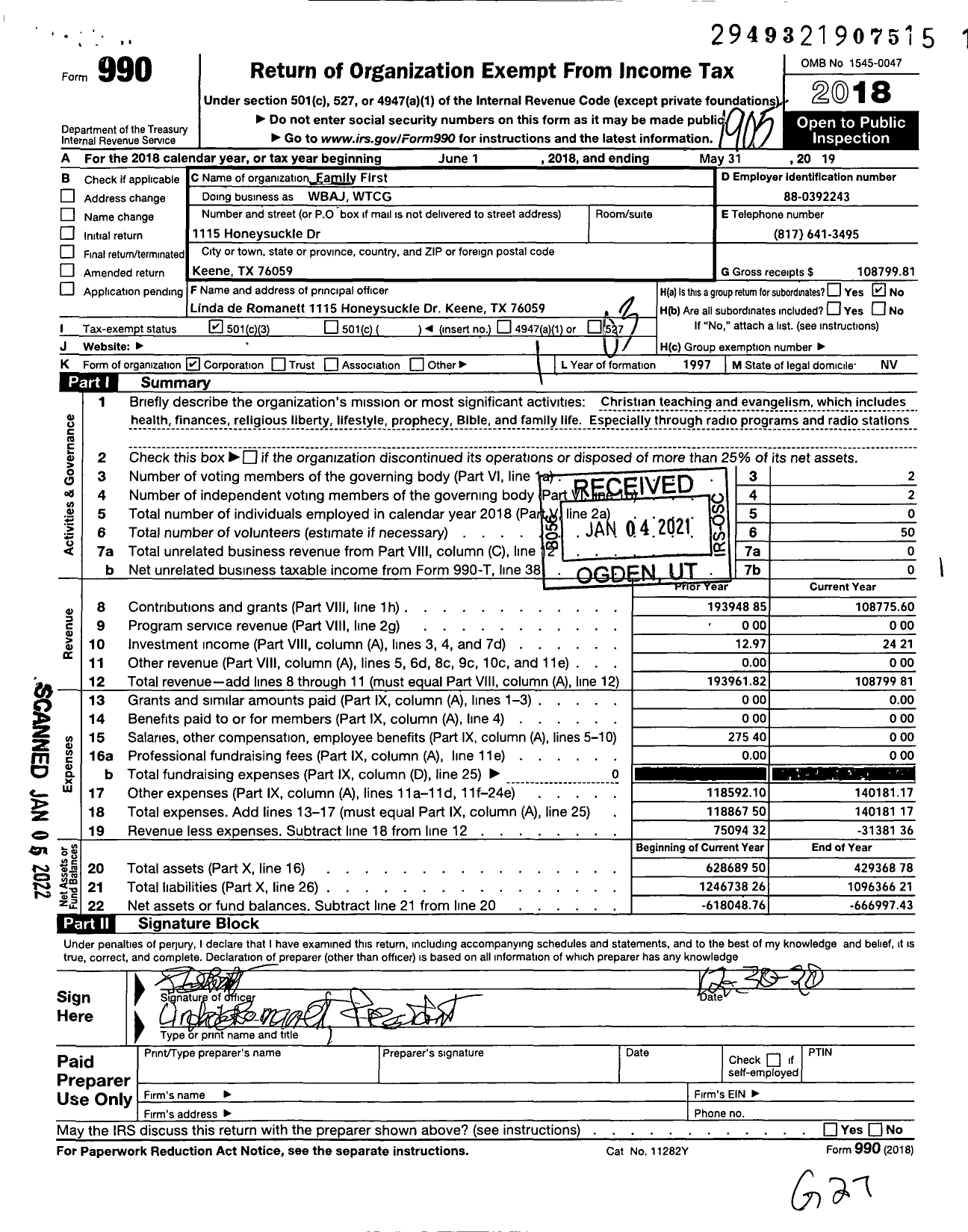 Image of first page of 2018 Form 990 for Wbaj WTCG