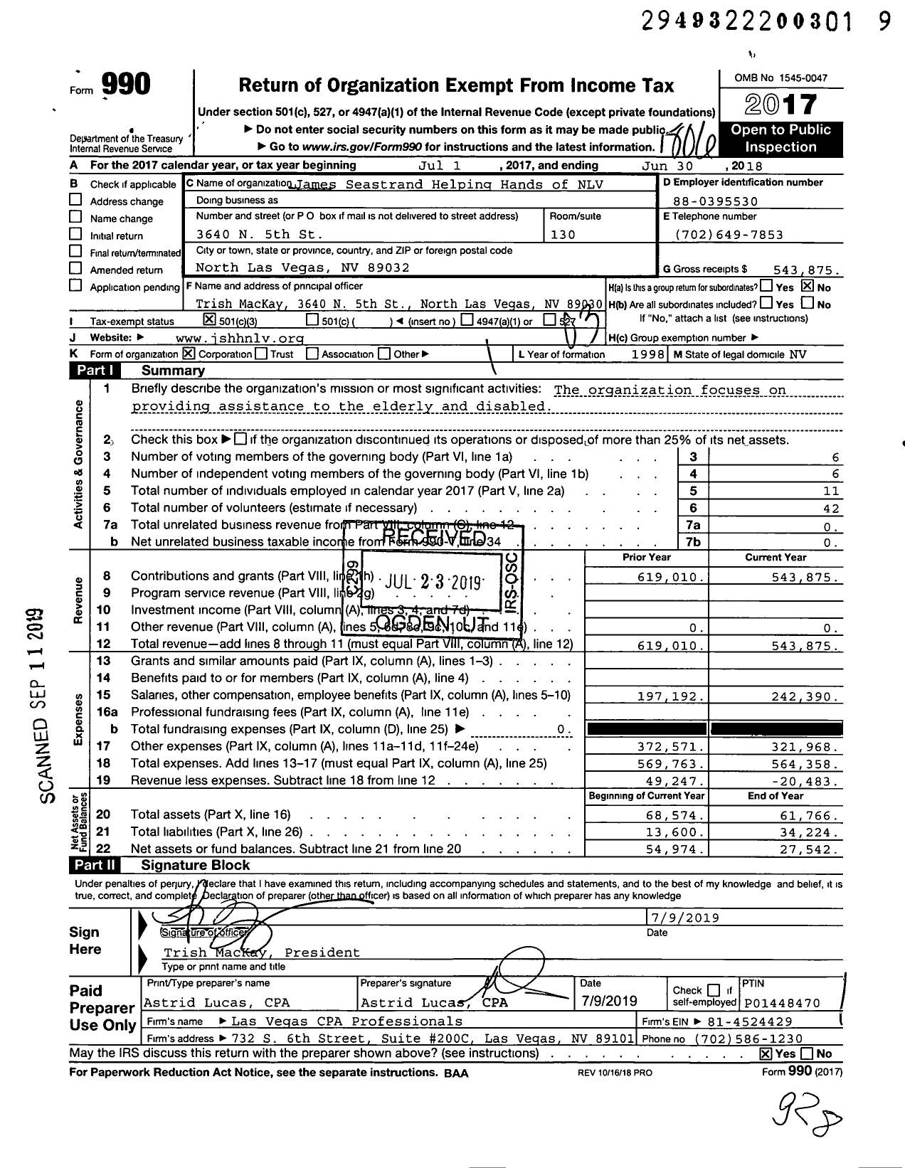 Image of first page of 2017 Form 990 for James Seastrand Helping Hands of NLV