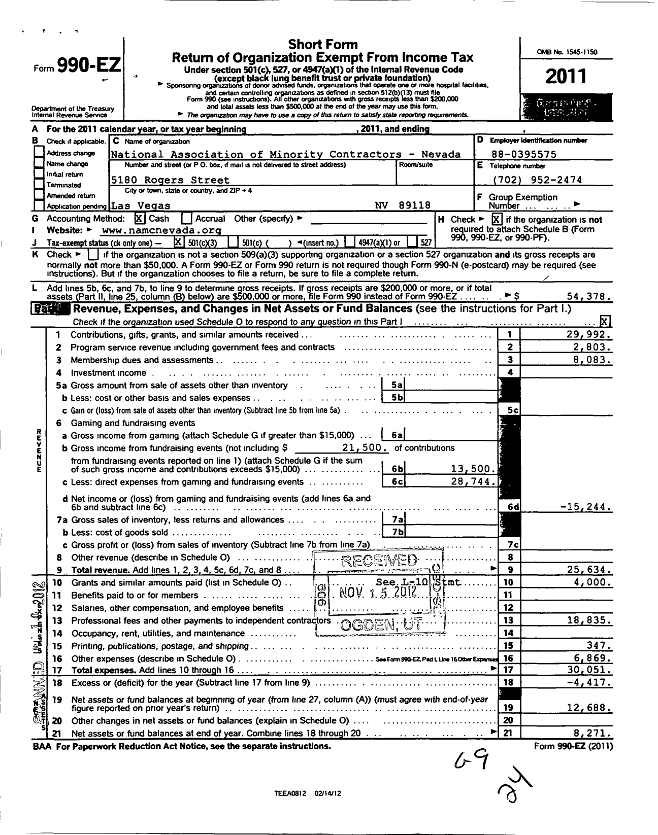 Image of first page of 2011 Form 990EZ for National Association of Minority Contractors