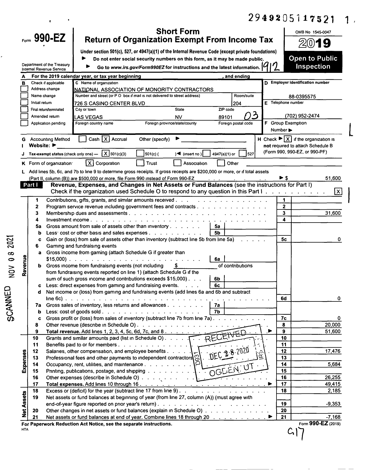 Image of first page of 2019 Form 990EZ for National Association of Minority Contractors