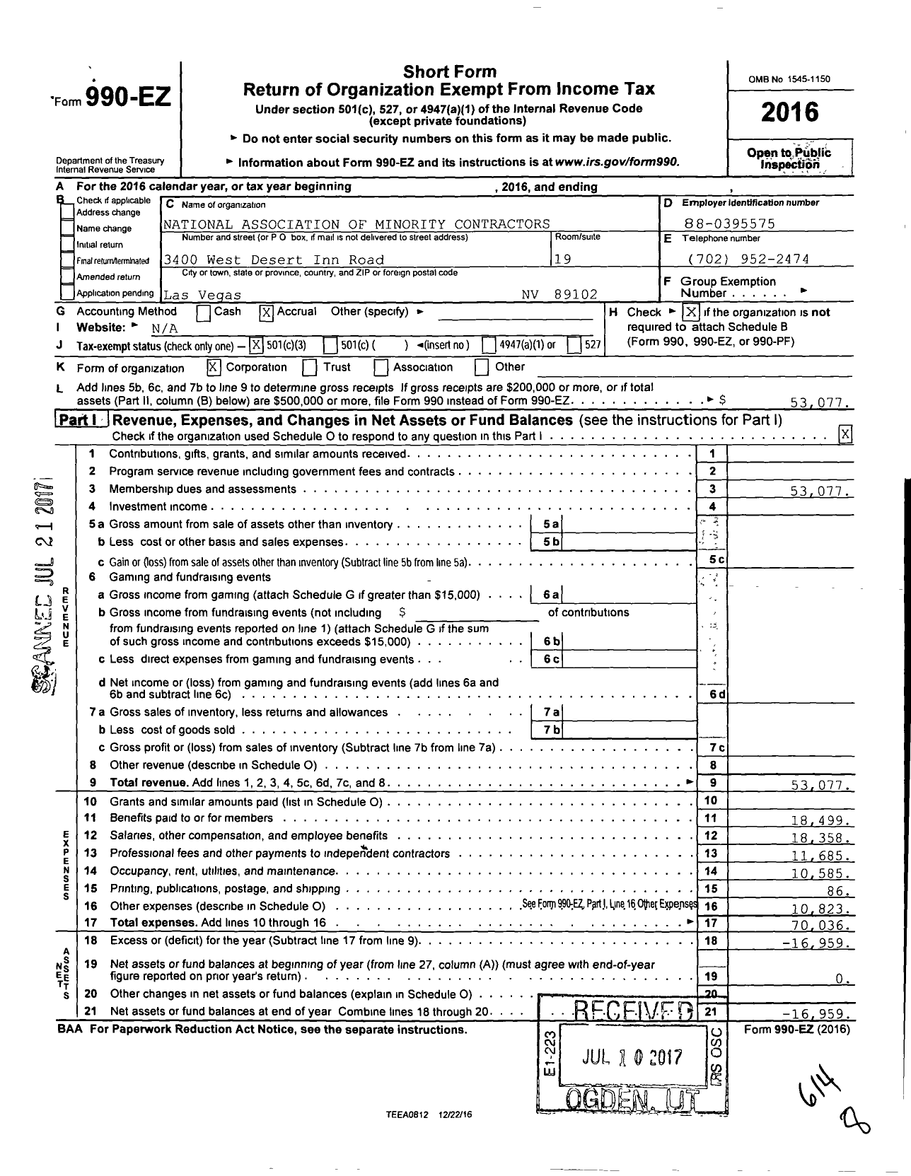 Image of first page of 2016 Form 990EZ for National Association of Minority Contractors