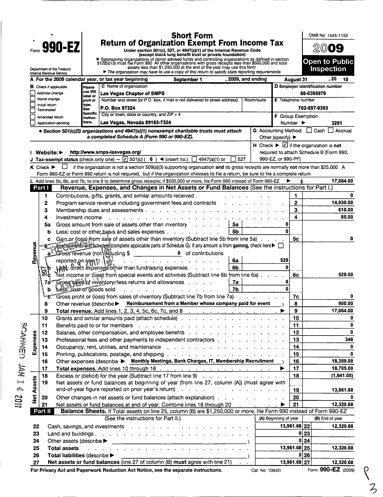 Image of first page of 2009 Form 990EO for Society for Marketing Professional Services / Las Vegas Chapter of SMPS