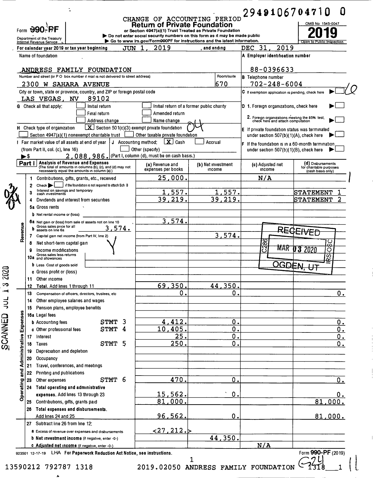 Image of first page of 2019 Form 990PR for Andress Family Foundation