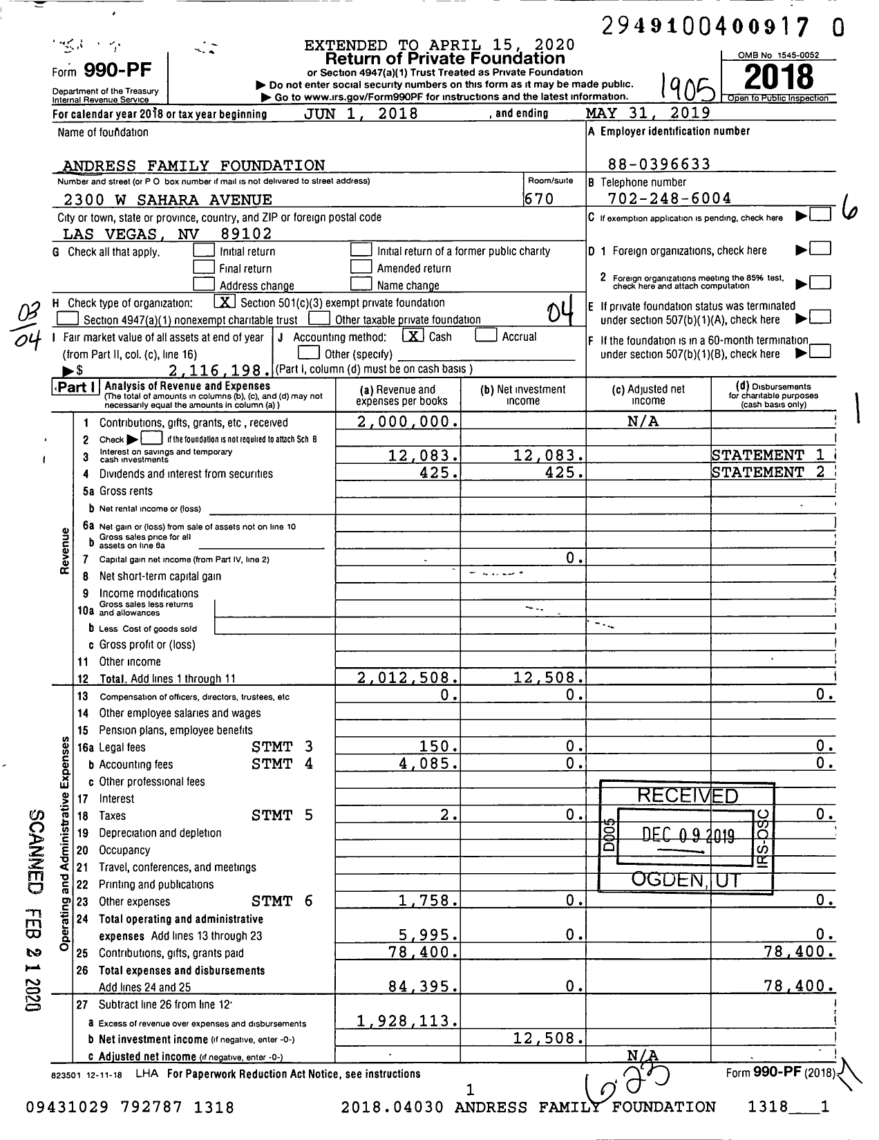 Image of first page of 2018 Form 990PR for Andress Family Foundation