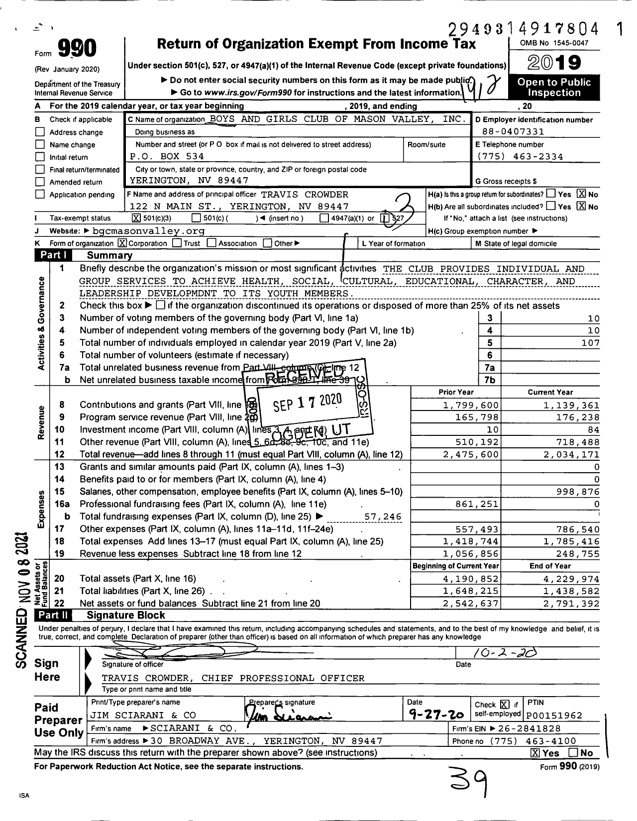 Image of first page of 2019 Form 990 for Boys and Girls Club of Mason Valley
