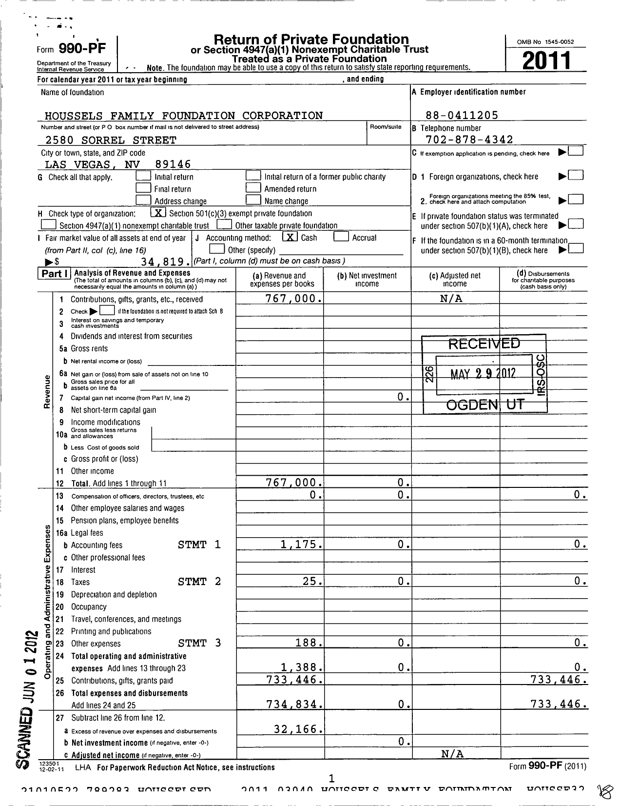 Image of first page of 2011 Form 990PF for Houssels Family Foundation Corporation