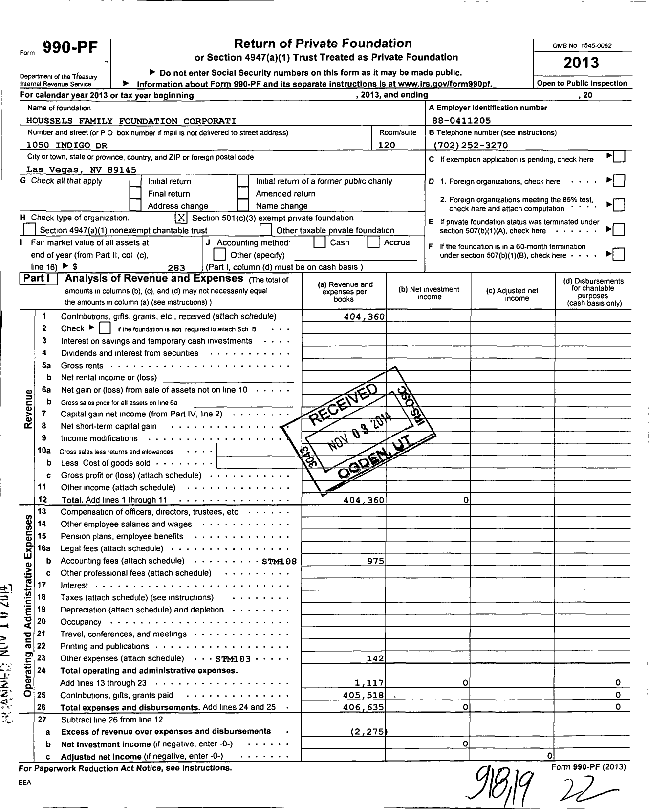 Image of first page of 2013 Form 990PF for Houssels Family Foundation Corporation