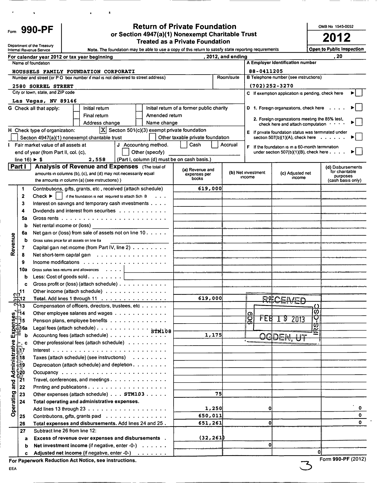 Image of first page of 2012 Form 990PF for Houssels Family Foundation Corporation