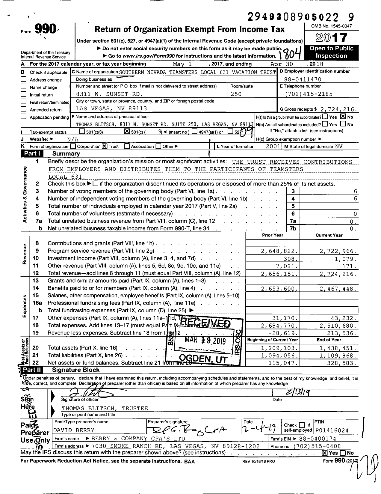 Image of first page of 2017 Form 990O for Teamsters Vacation Trust Fund